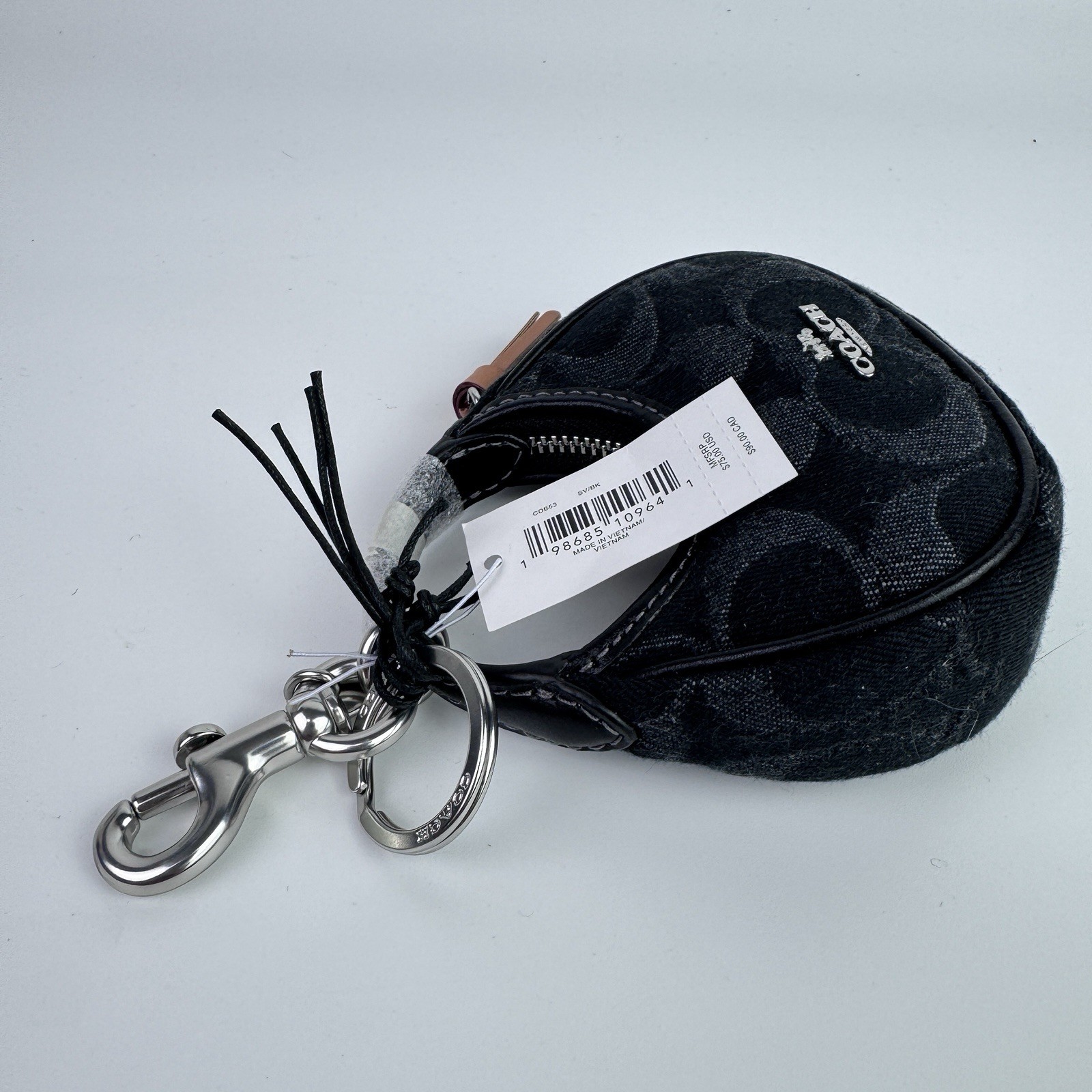 NWT Coach CDB53 Micro Carmen Bag Charm Key Chain Signature Black Denim Silver
