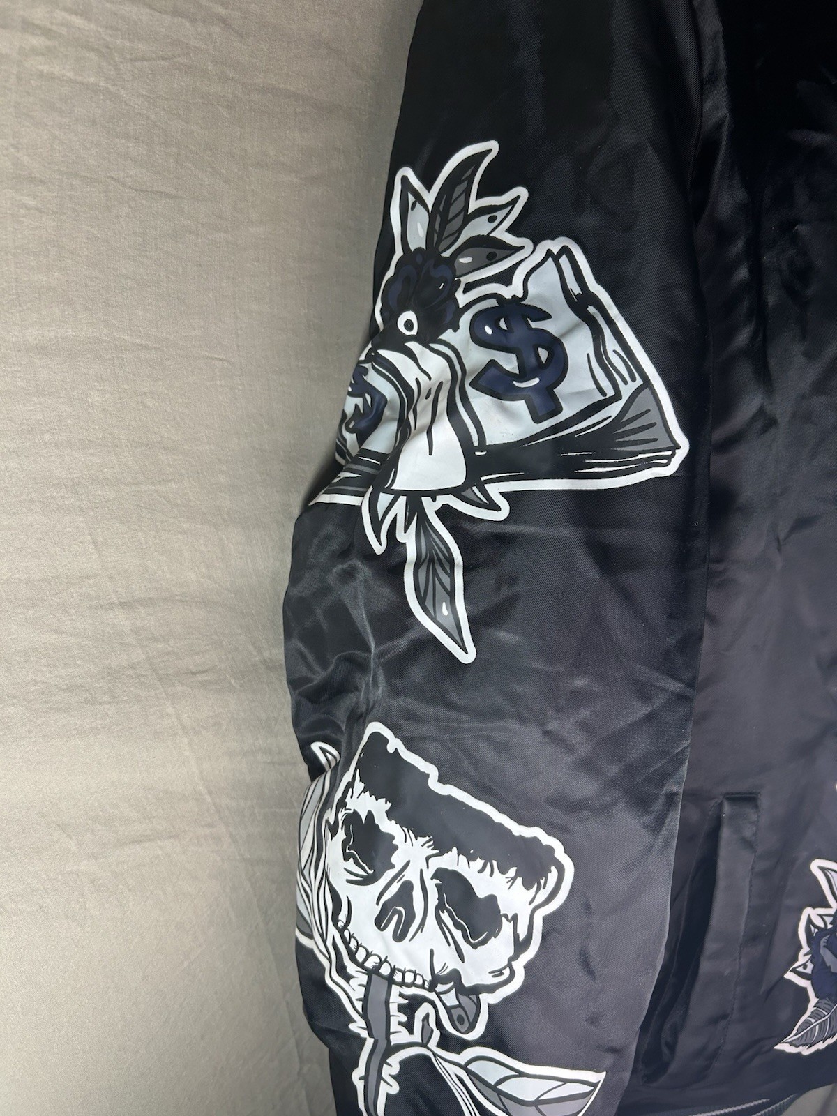 Rebel Minds Fly High Bomber Jacket Mens XL Black Satin Varsity Streetwear