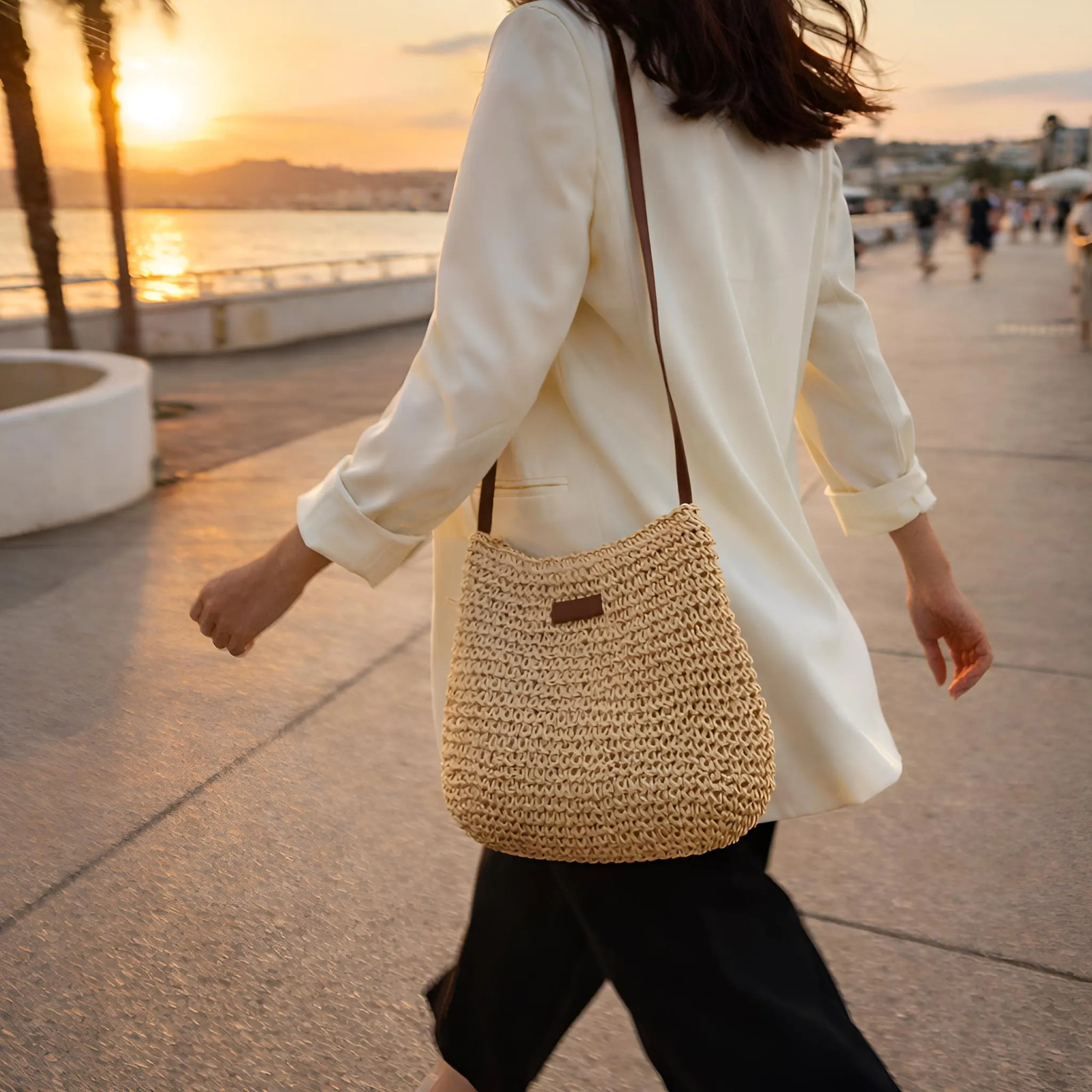 Woven Straw Tote Bag, Zipper Shoulder Purse, Minimalist Summer Vacation Bag