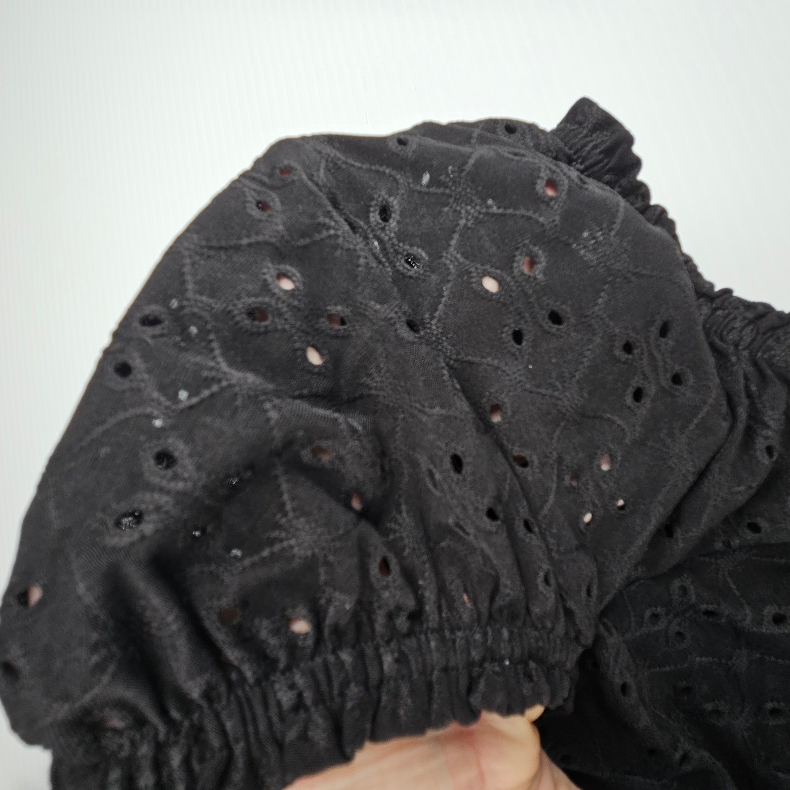 H&M Divided Black Eyelet Ruched Mini Dress Short Puff Sleeve Witchy Whimsigoth M