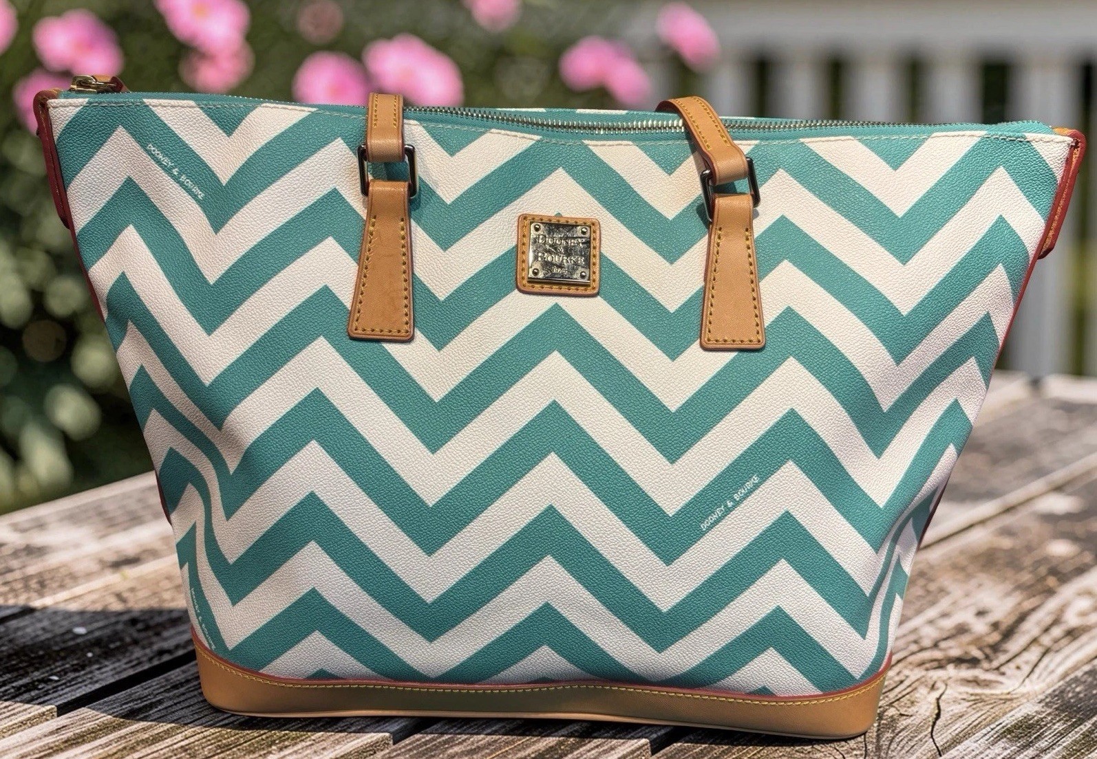 Dooney Bourke Turquoise Spearmint Green Chevron Large Shopper Tote Shoulder Bag