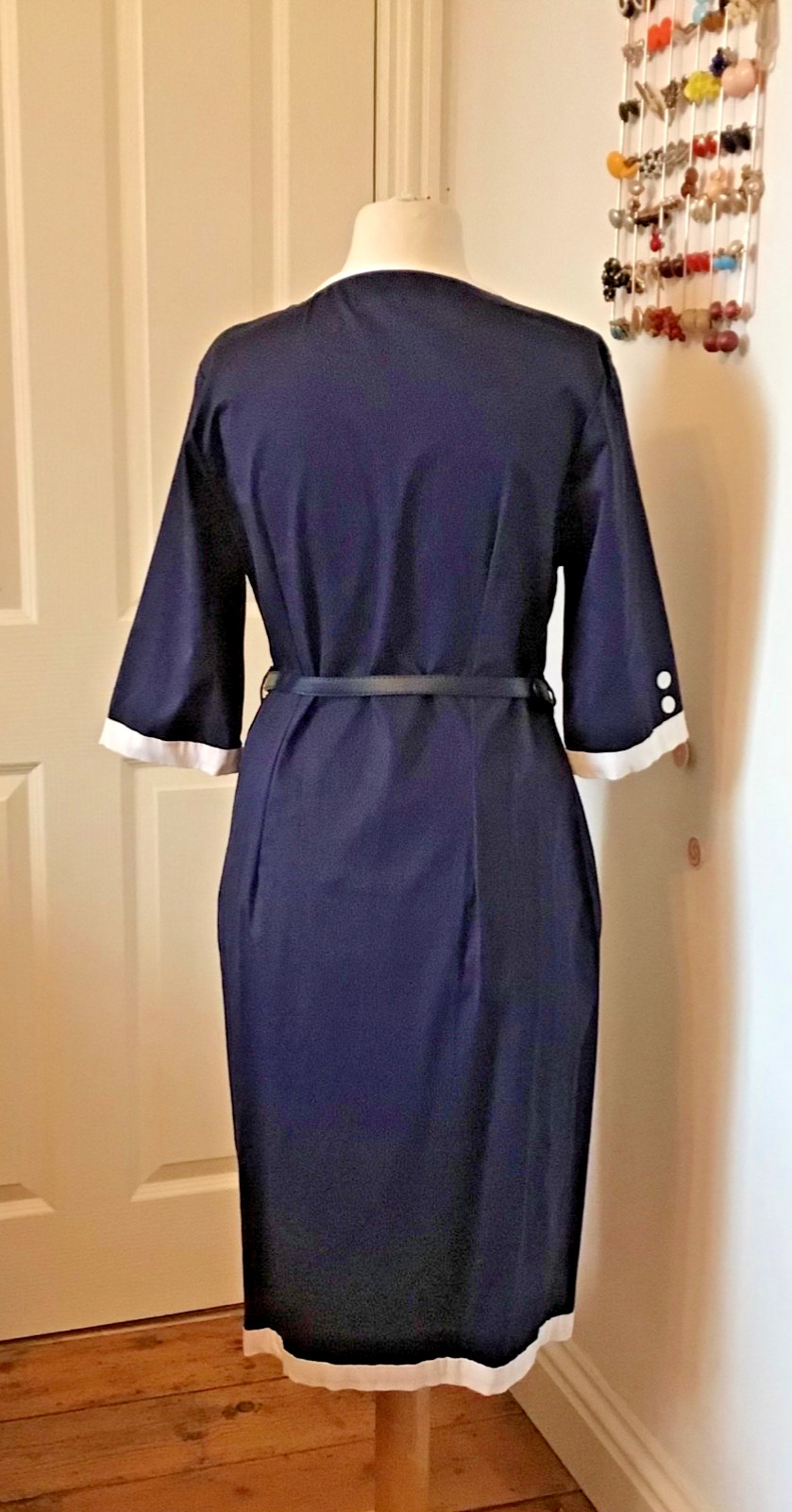 Lindy Bop Pencil Wriggle Dress Dark Blue with White contrast Buttons/Piping, L