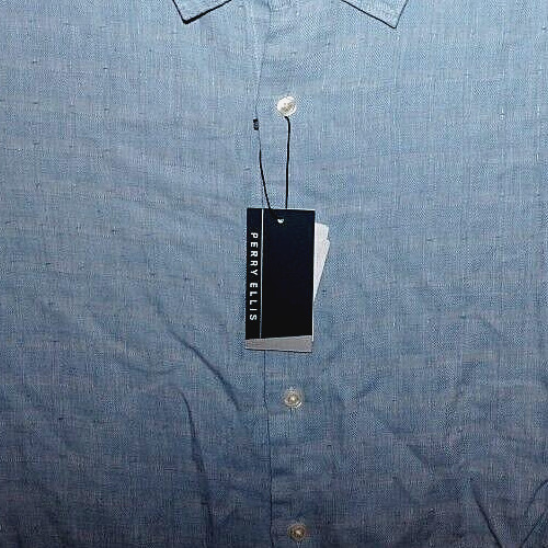 Perry Ellis Mens Short Sleeve Linen Shirt BIG 2X Allure Blue Geo Check NWT