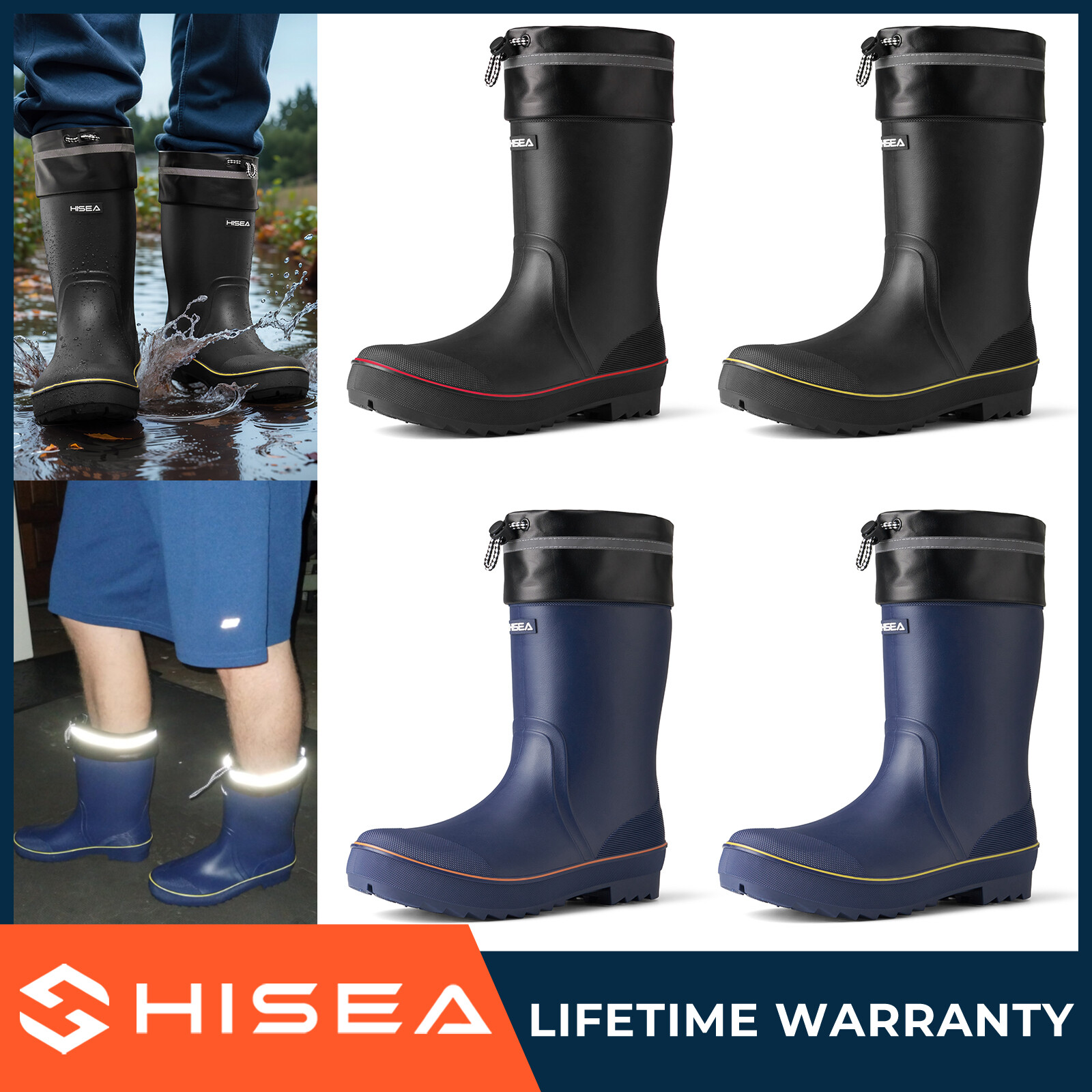 HISEA Men Rubber Rain Boots Strap Collar Lightweight Soft Yard Fishing Work Boot