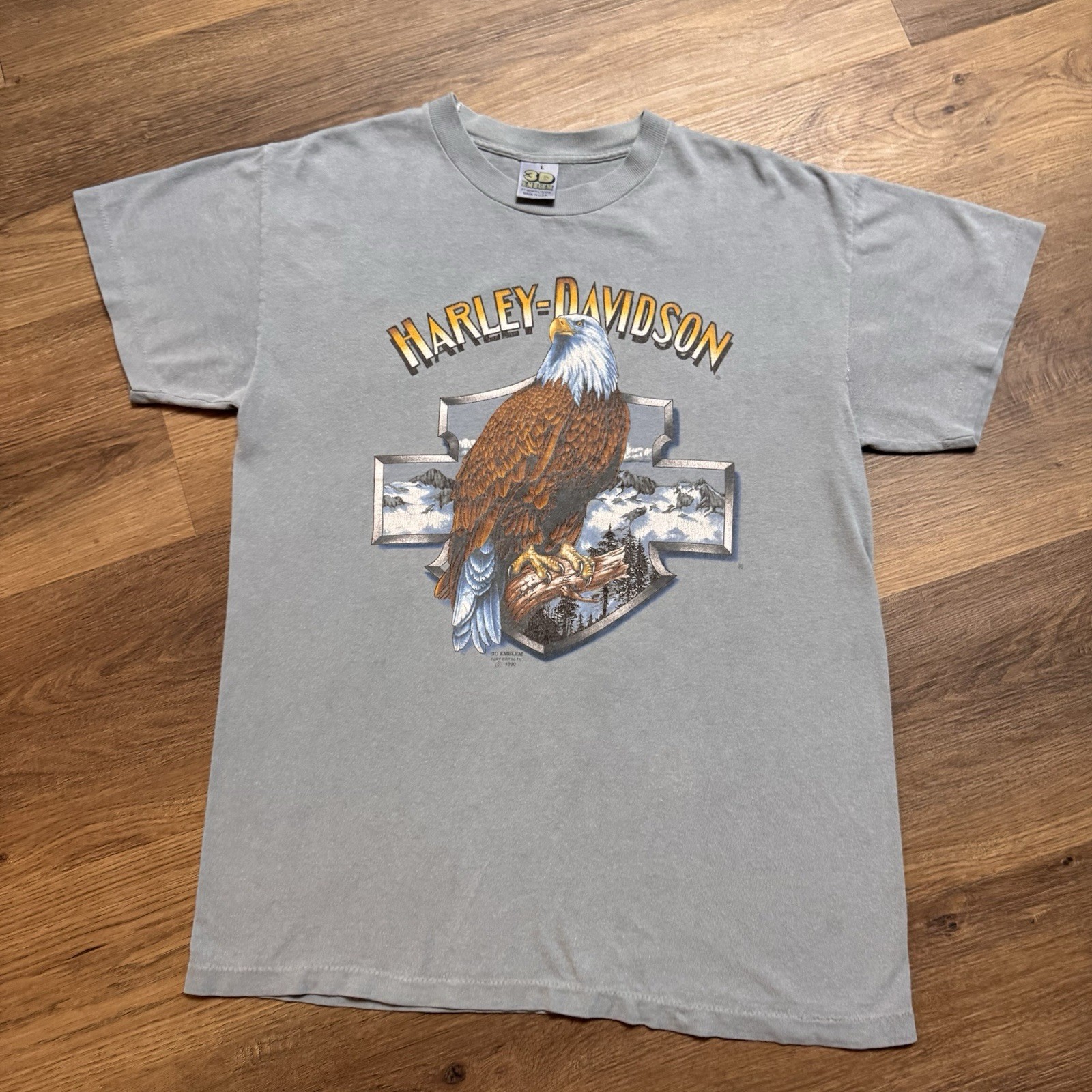 Vintage 1990 Harley-Davidson 3D Emblem T-Shirt Eagle Shield Logo Single Stitch L