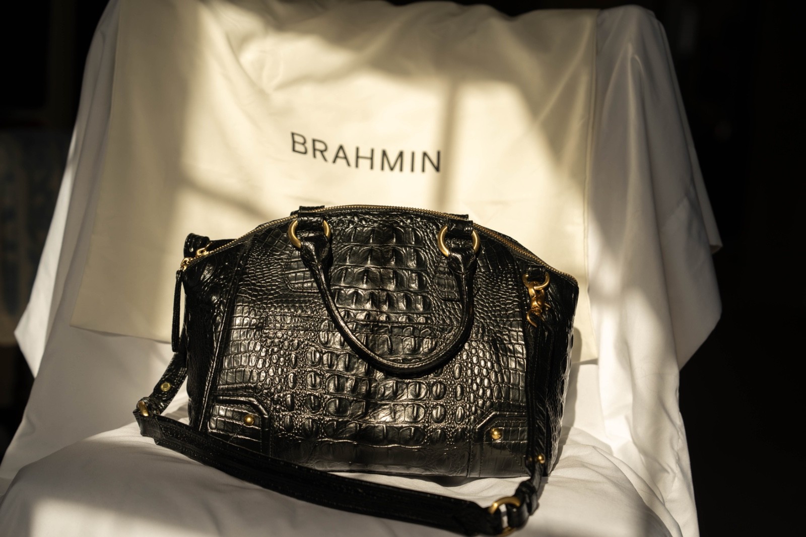 Brahmin Duxbury Satchel Black Melbourne Medium Croc Embossed Leather HandBag