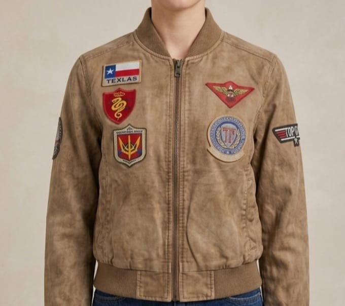 Men’s Vintage Brown Bomber Leather Jacket Military Pilot Patch Flight Coat