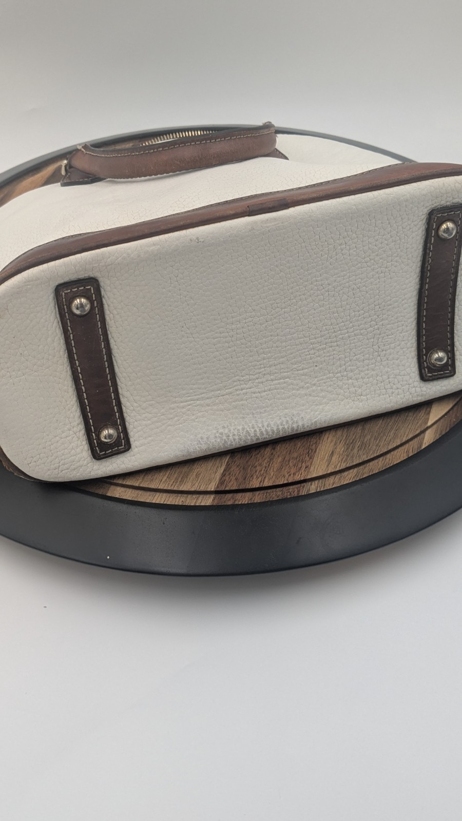 Dooney & Bourke Pebble Grain White Leather Zip Dome Satchel British Tan Purse