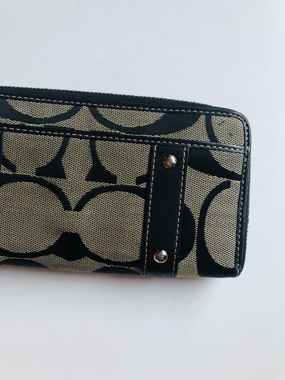 Coach Brown Signature Jacquard Buckle Belt Embellish Accordion Zip Wallet