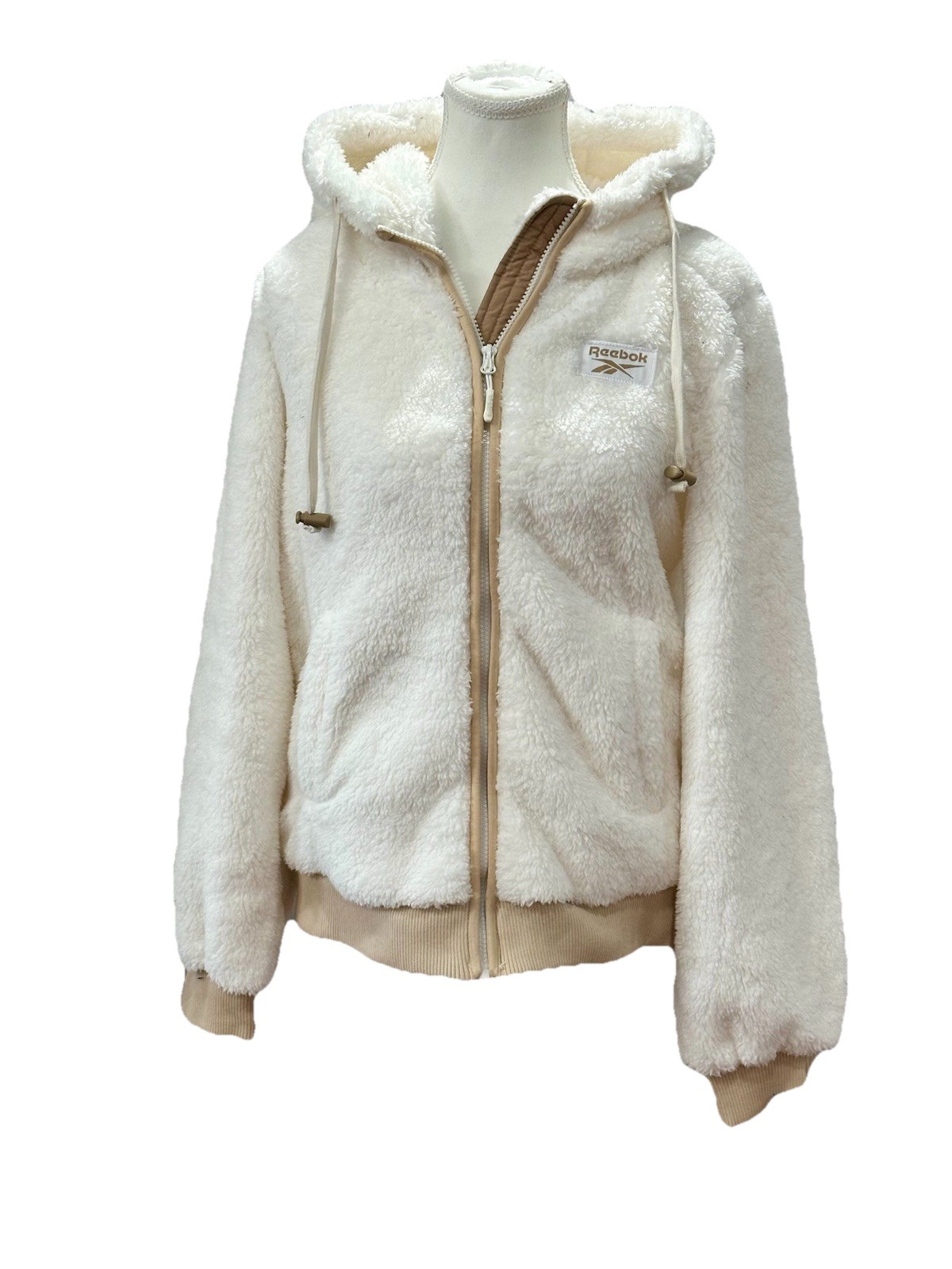 Reebok Women’s Drawstring Hooded Heavy Mountain Jacket Faux Fur Cream M $95