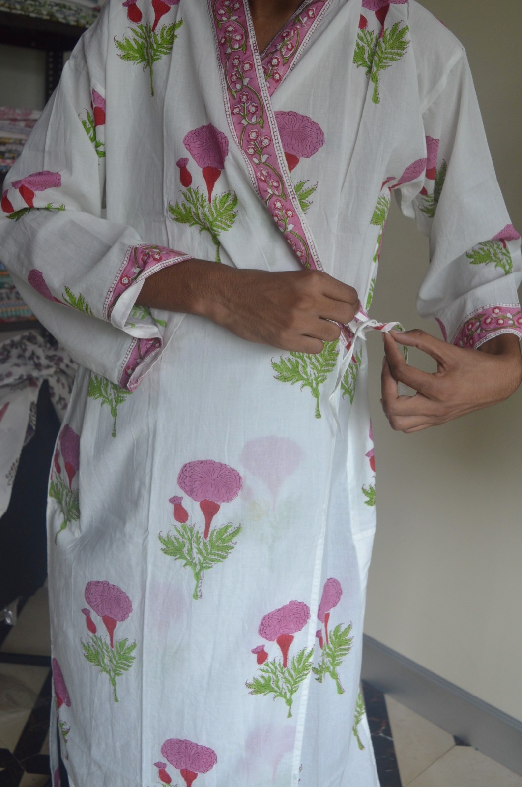 100% TARRIF FREE✅0% CHARGE Hand Block Japanese Kimono 100%Cotton Dress KM-34*