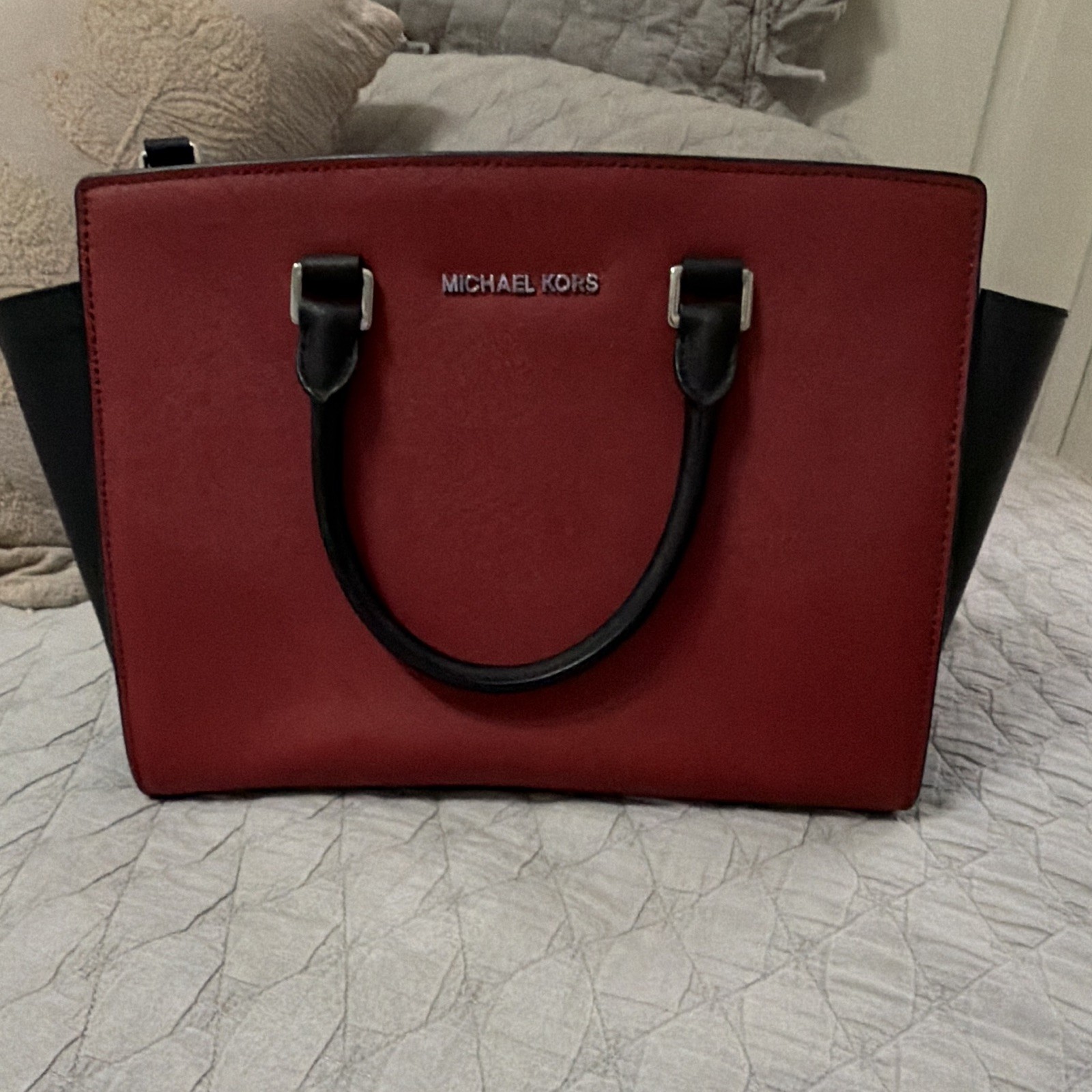 Michael Kors Red/Black Satchel Top Handle Zip Detachable Strap Silver Hardware