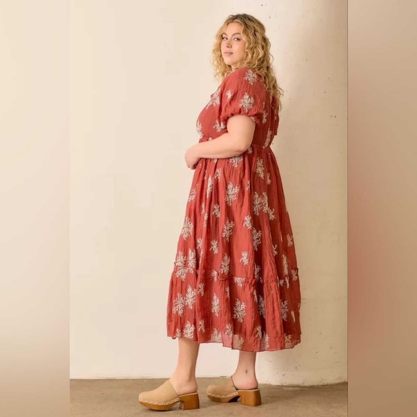 Polagram Terracotta Dress with White Floral Design