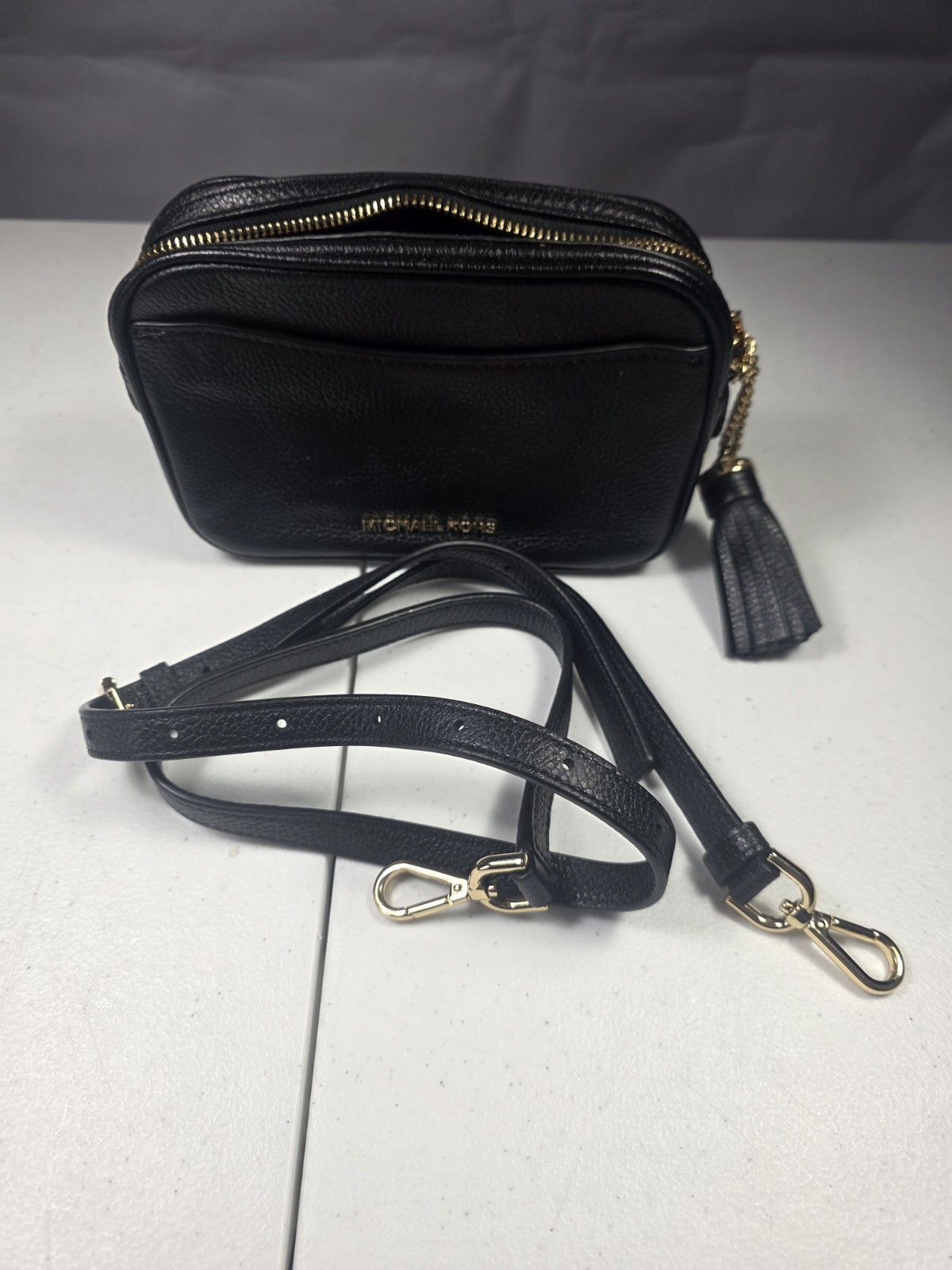Michael Kors Black Pebbled Leather Camera Crossbody Bag Tassel