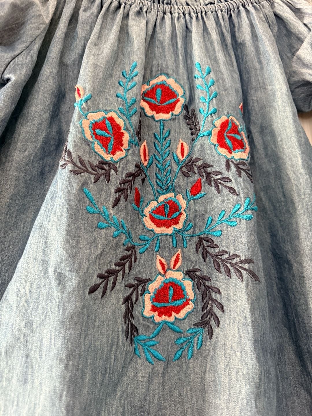 A&A Boho Off-The-Shoulder Embroidered Chambray Bell Sleeve Dress