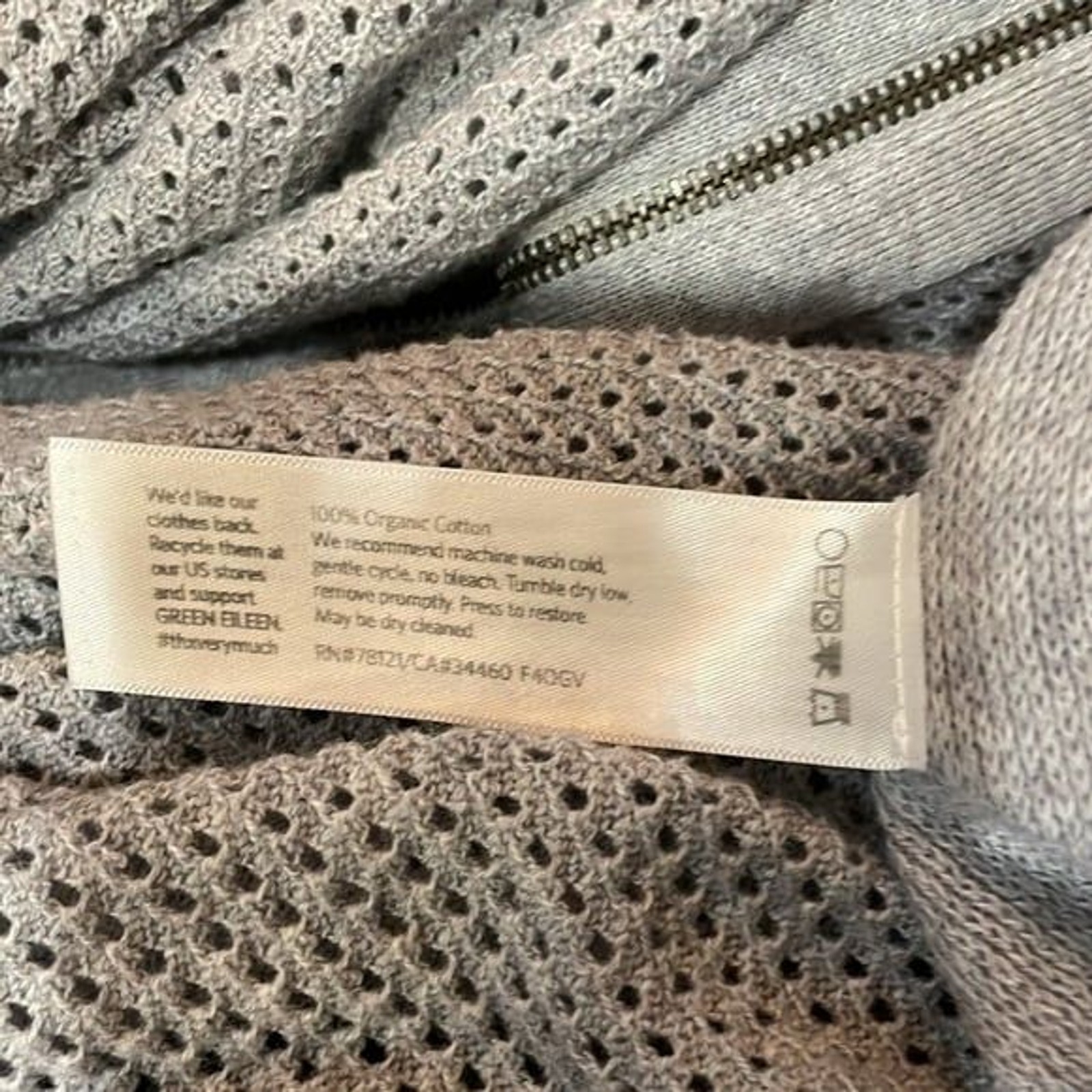 Eileen Fisher Gray Open Weave Hoodie Zip Front Sweater M