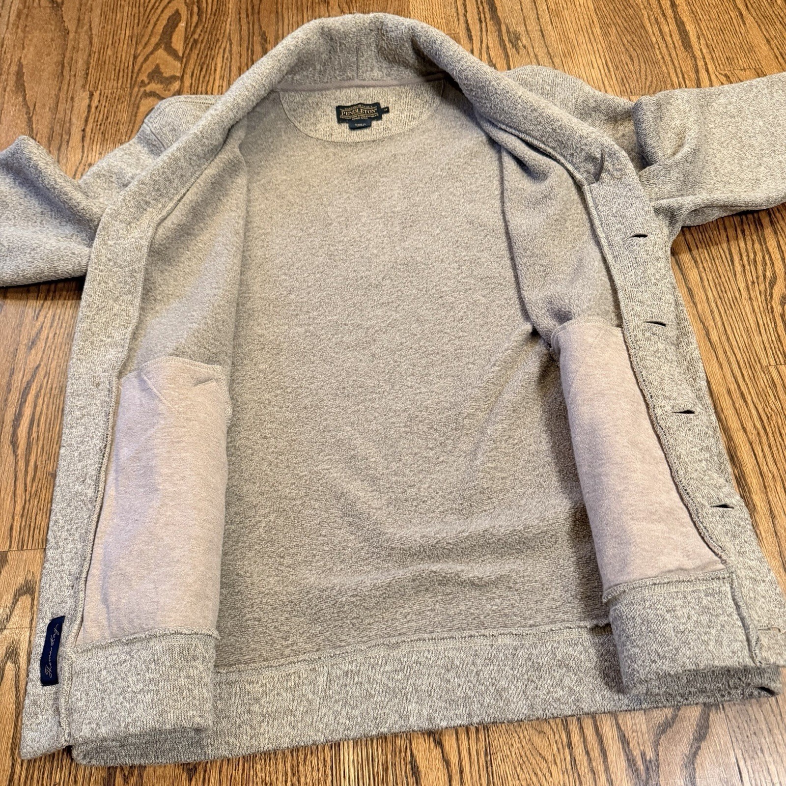 Pendleton Shawl Collar Cardigan Sweater Elbow Patches Medium Oatmeal Tan Grandpa