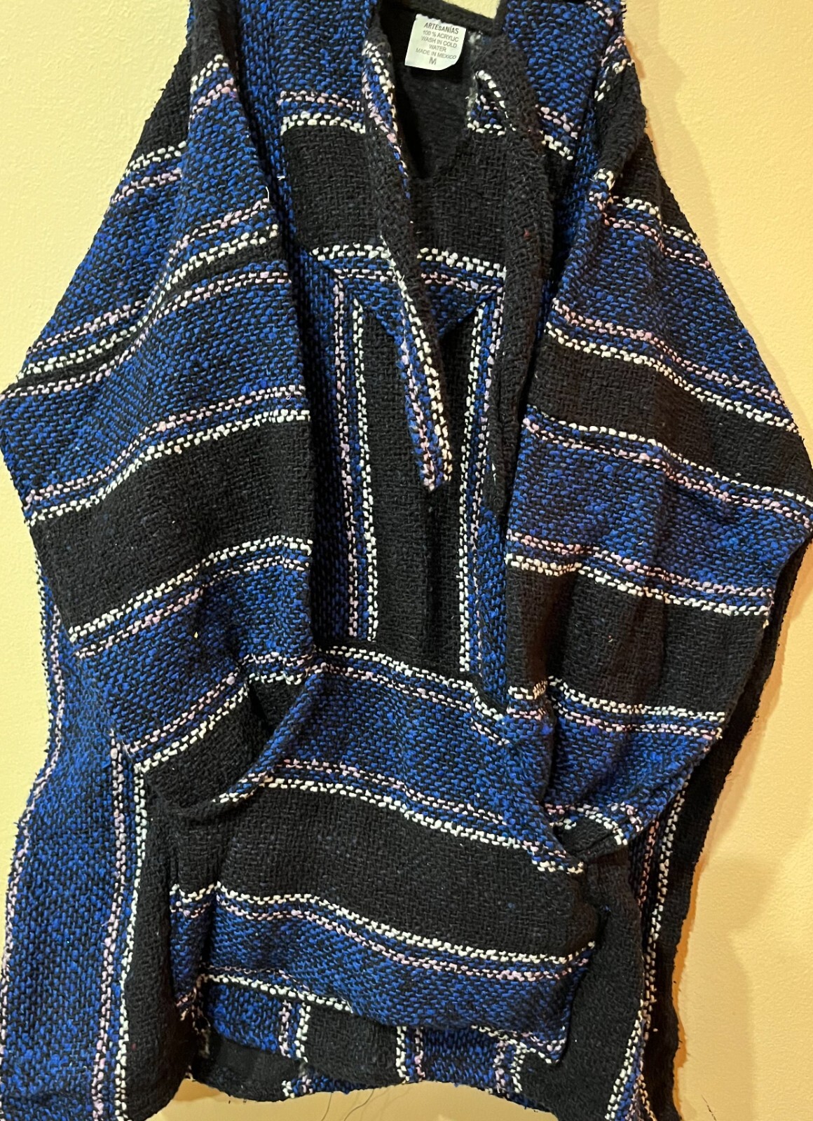 Blue Baja Artesanias VTG Siesta Jerga Mexican Hoody Trippie Hippie sz Medium
