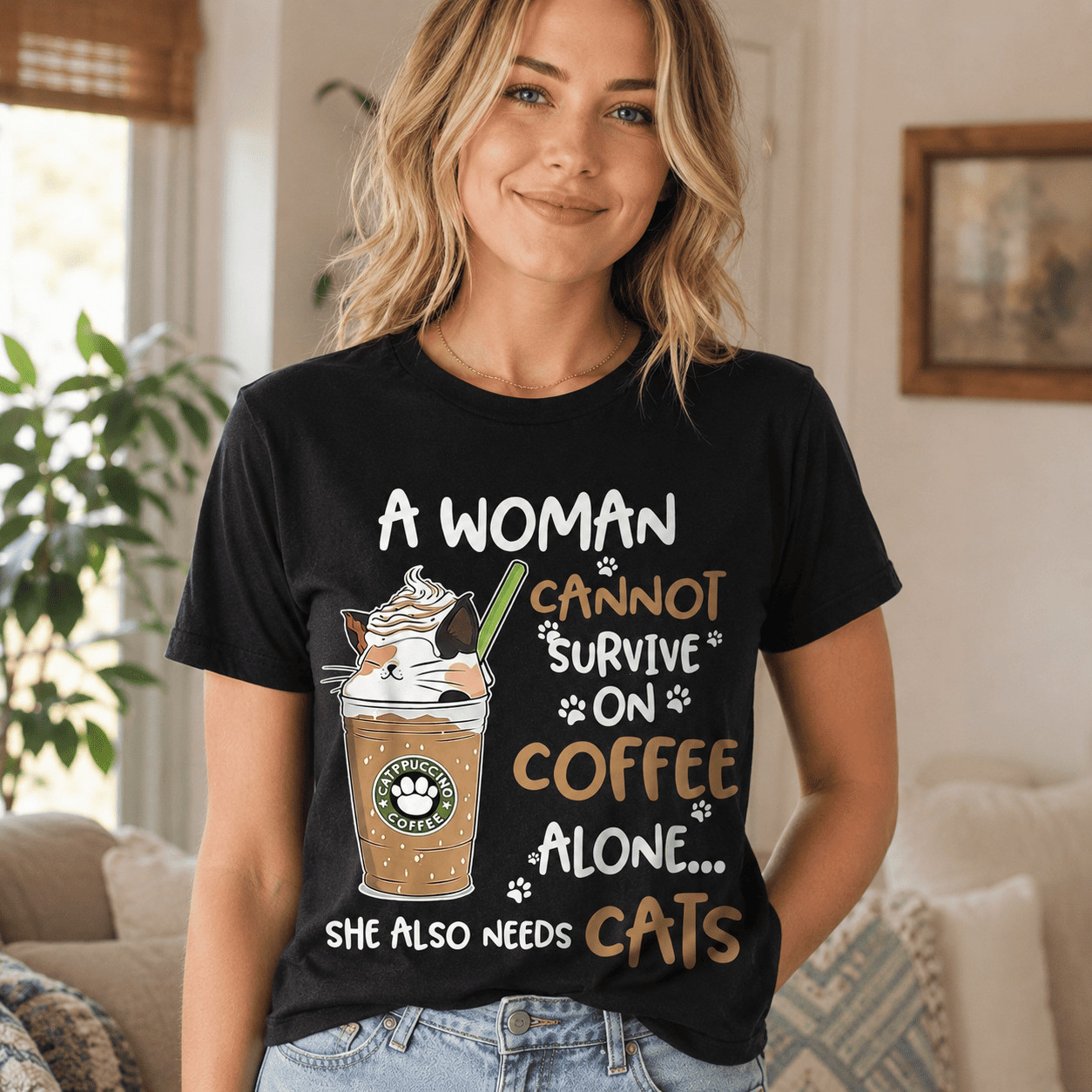 Women Funny Cat Coffee Lover Graphic T-Shirt Cute Kitty Casual Crew Neck Tee