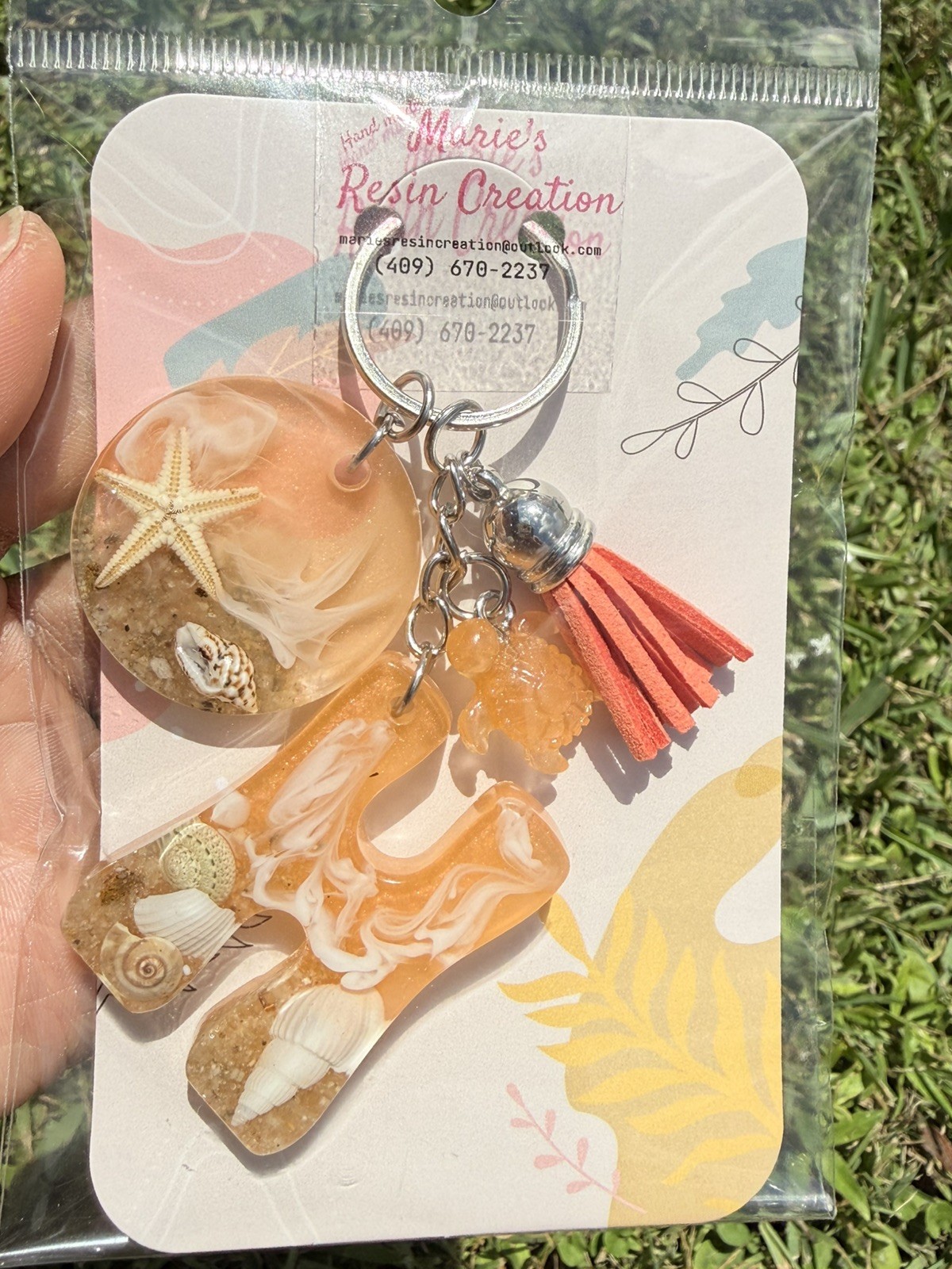 Custom made keychain Beach Theme Sunset Orange Resin Keychain.