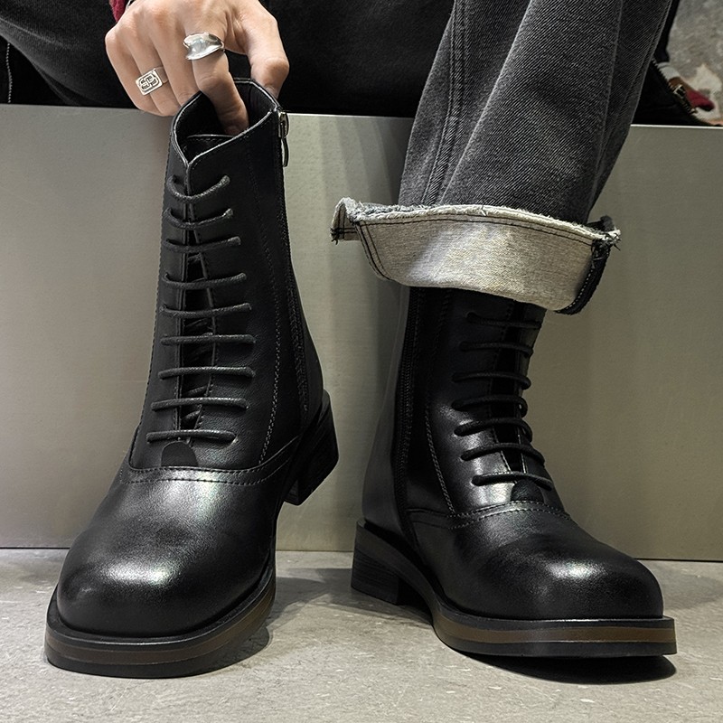 British Mid Calf Boots Men’s Lace Up High Top Business Leather Motorcycle Shoes