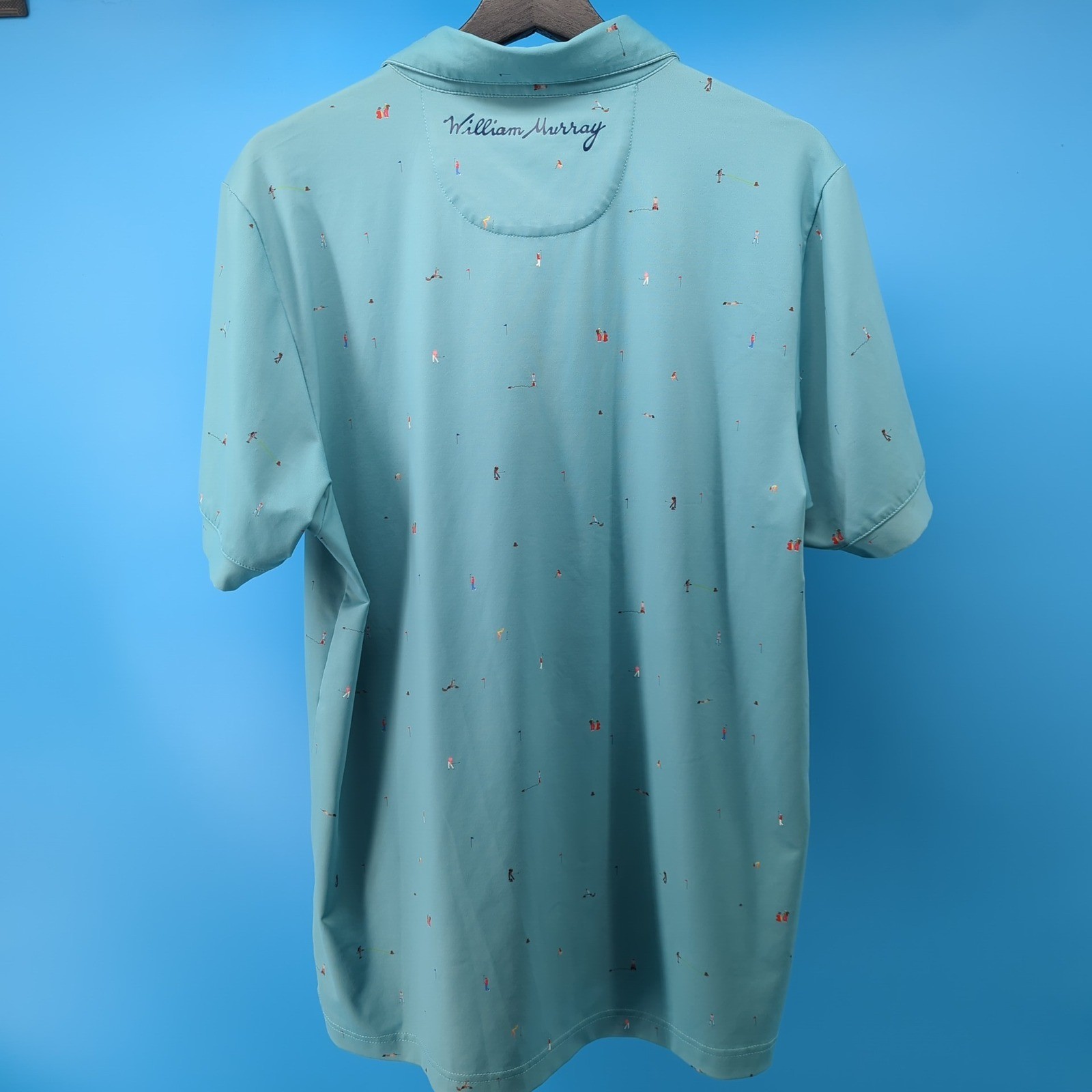 William Murray Mens Medium Golf Polo Shirt Teal Blue Novelty Print Short Sleeve