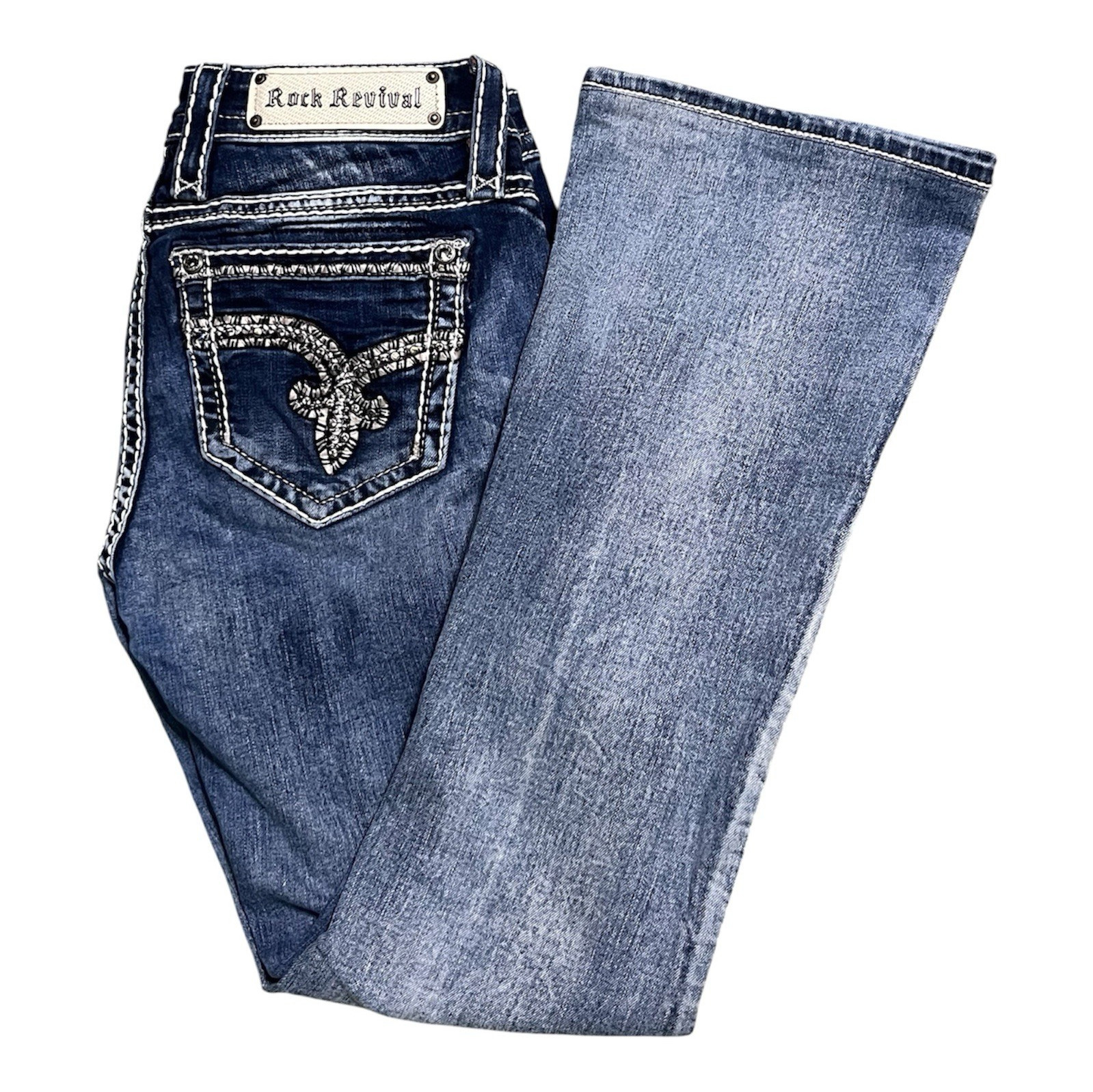 Rock Revival Nancy Mid Rise Bootcut Jeans Size 27 Embellished Pocket Y2K Denim