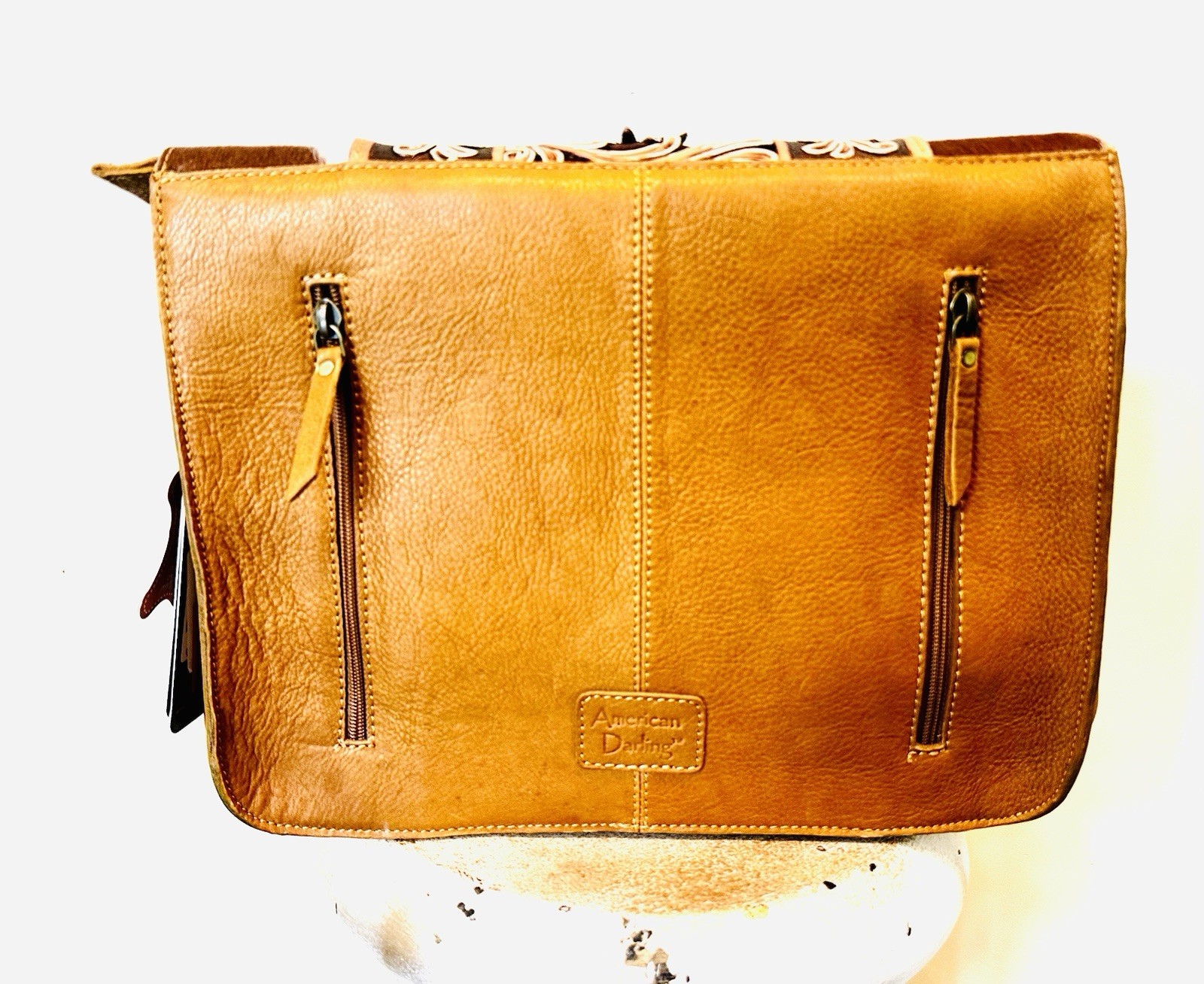 ADBGA375 American Darling Floral Tooled Leather & Cowhide Western Messenger Bag