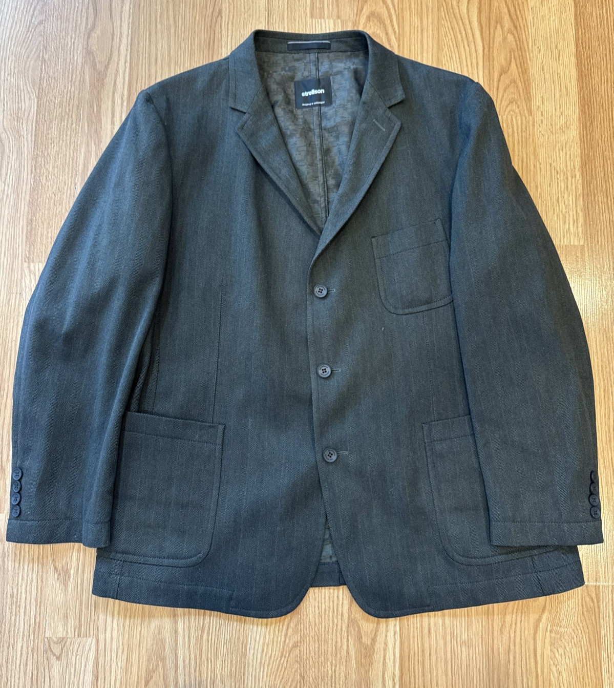 Strellson Blazer Men 44S Short Gray Herringbone Unstructured Sports Coat Cotton