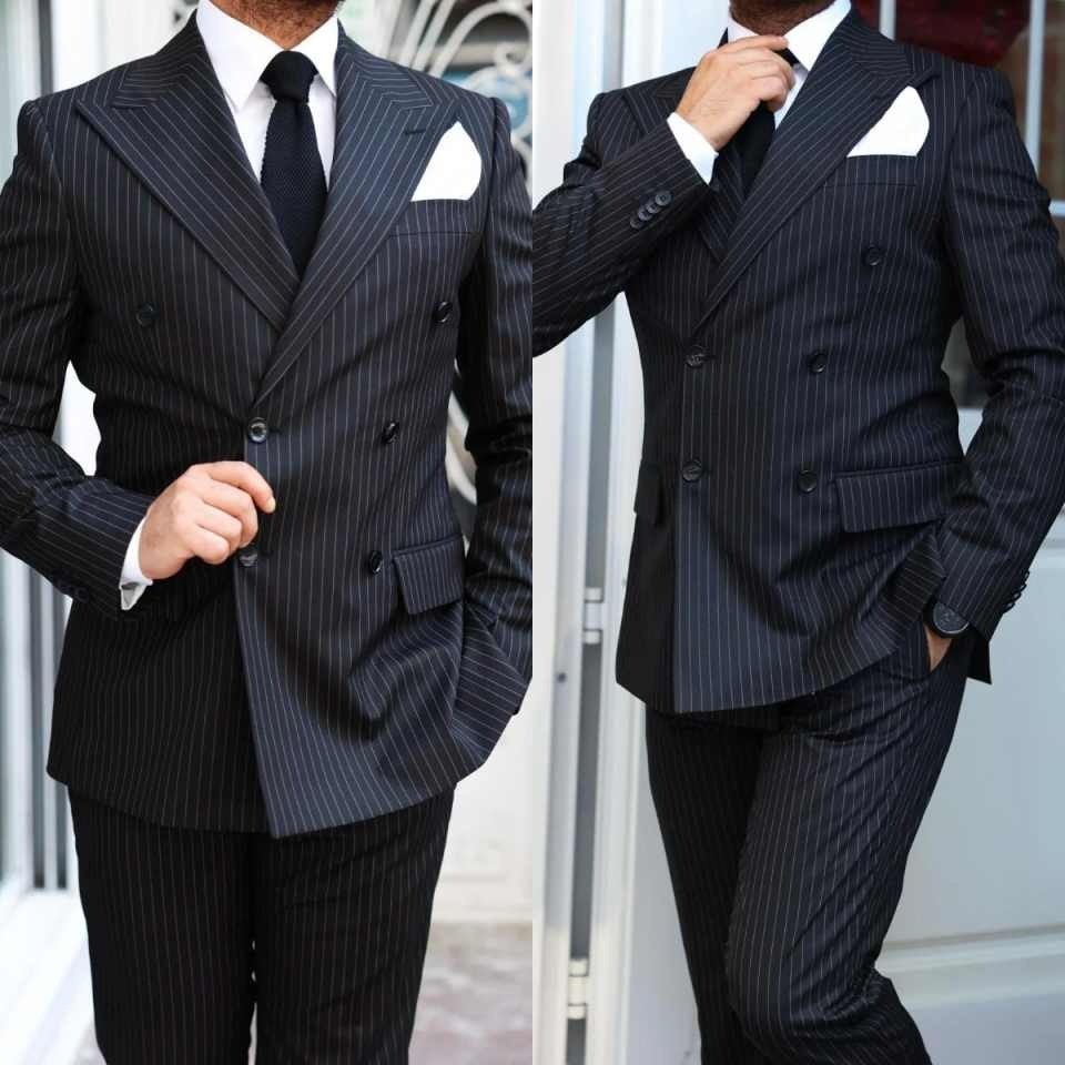 Men Suits Slim Fit Peak Lapel Double Breasted Jackets Pants Business Striped