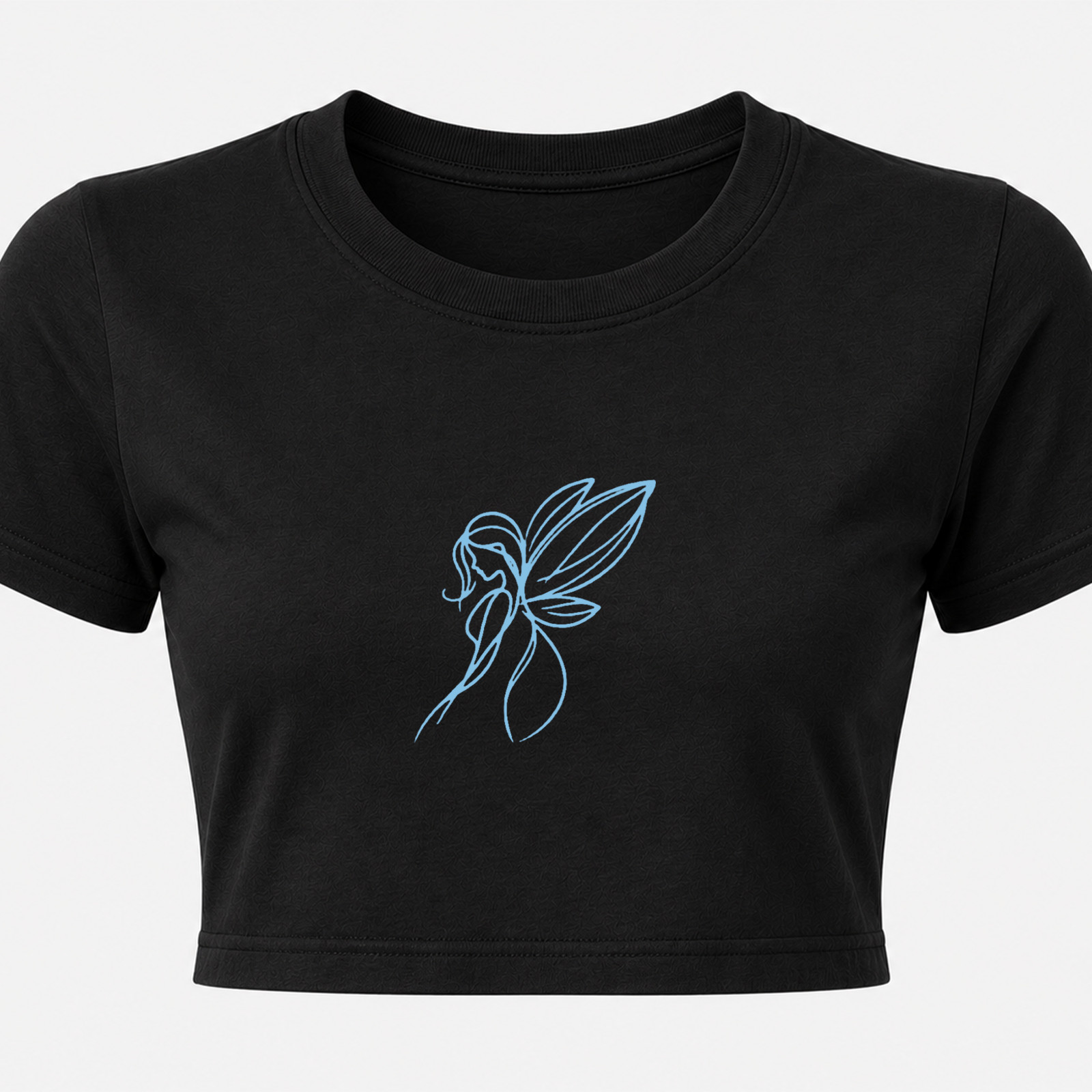 Women’s Black Cropped T-Shirt with Line Art Angel Graphic, Short Sleeve Crew Nec