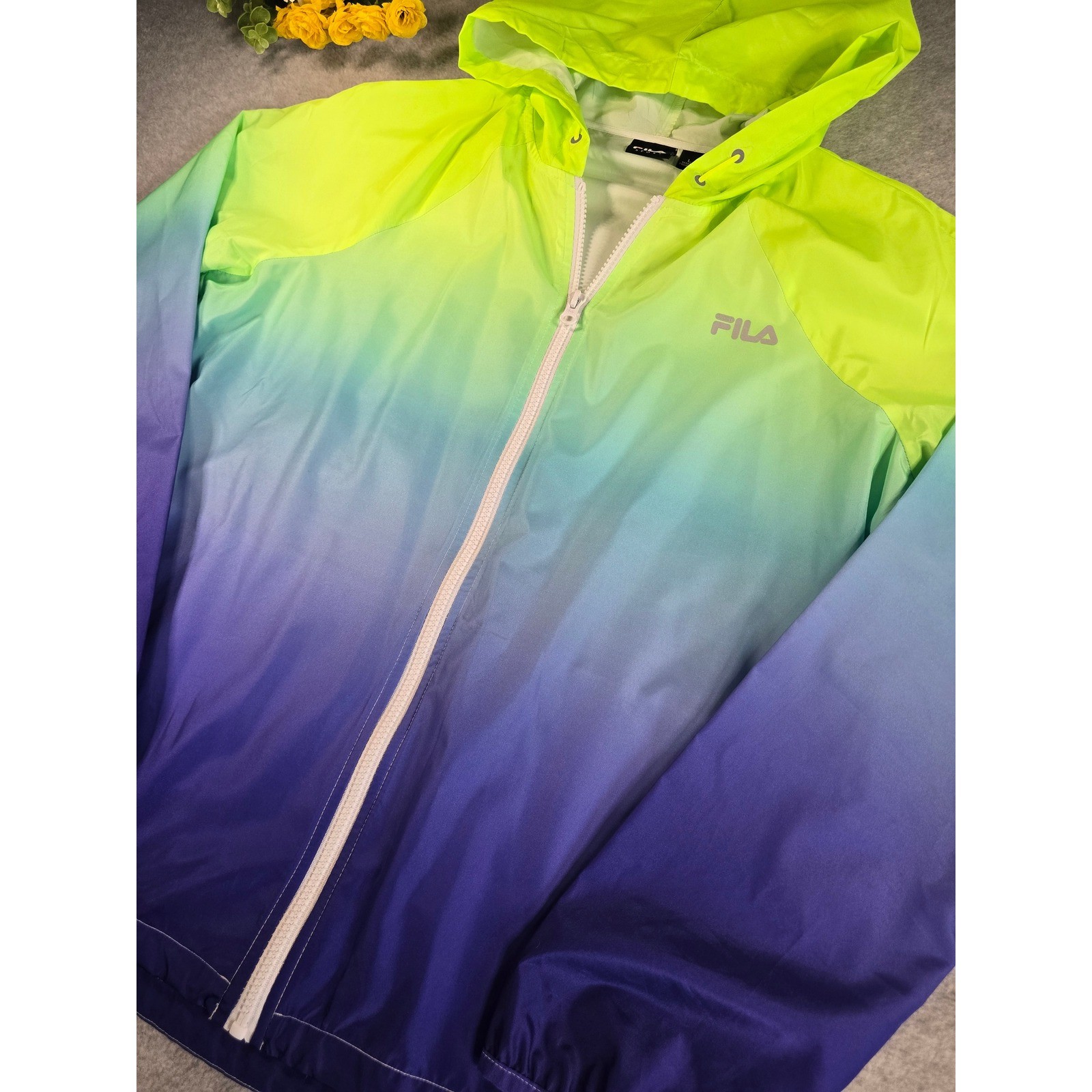 Fila Sport Womens Windbreaker Hooded Jacket Neon Green Blue Ombre Large L