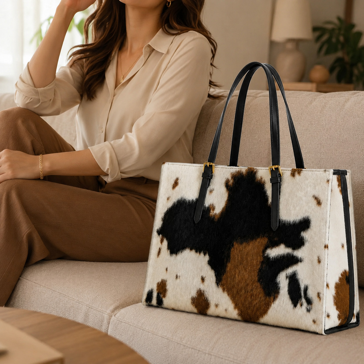Handmade Natural Tricolor Black Brown & White Hair-On Cowhide Leather Bag