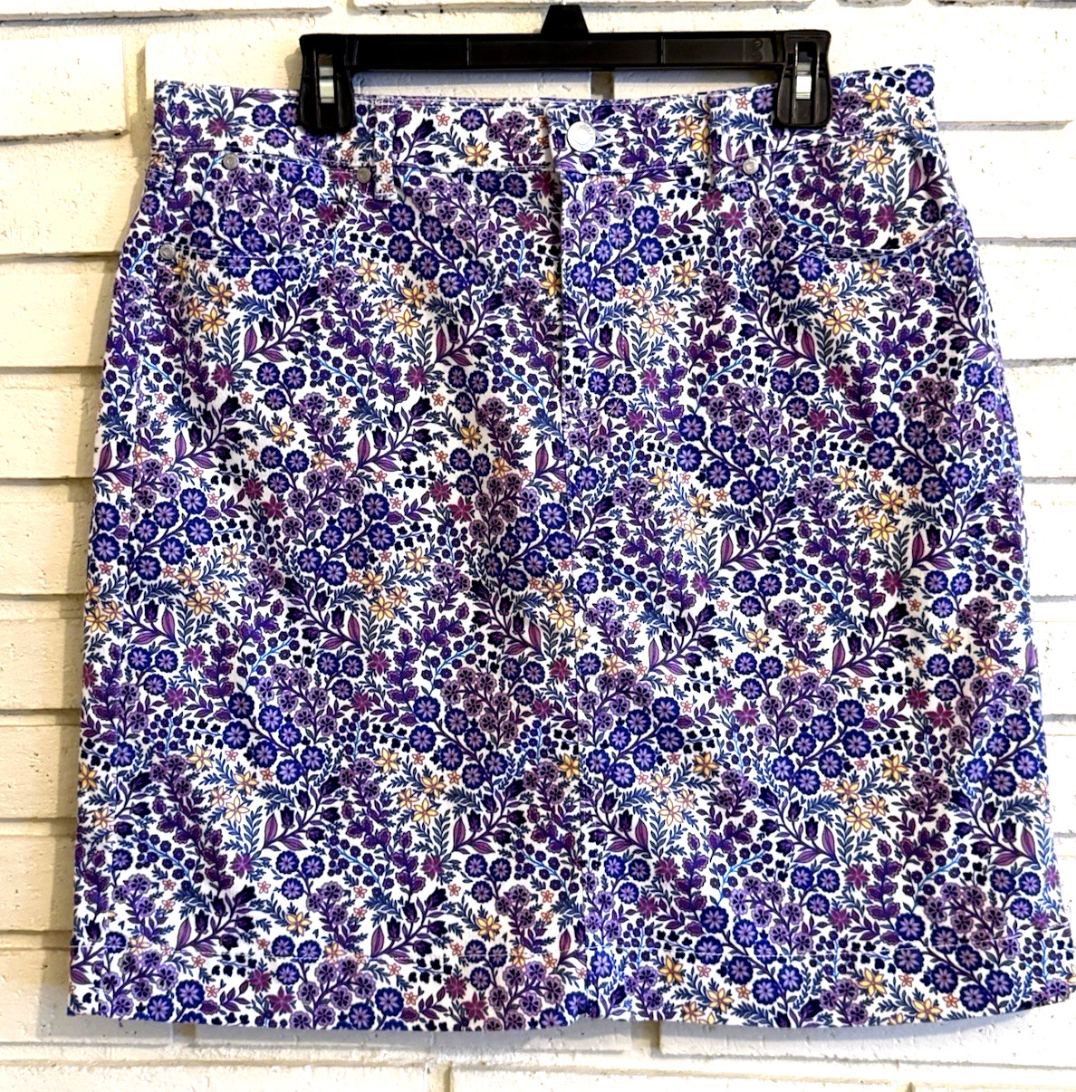 Talbots Denim Cotton Purple Floral Pencil Skirt Above Knee Stretch Size 12 NWOT