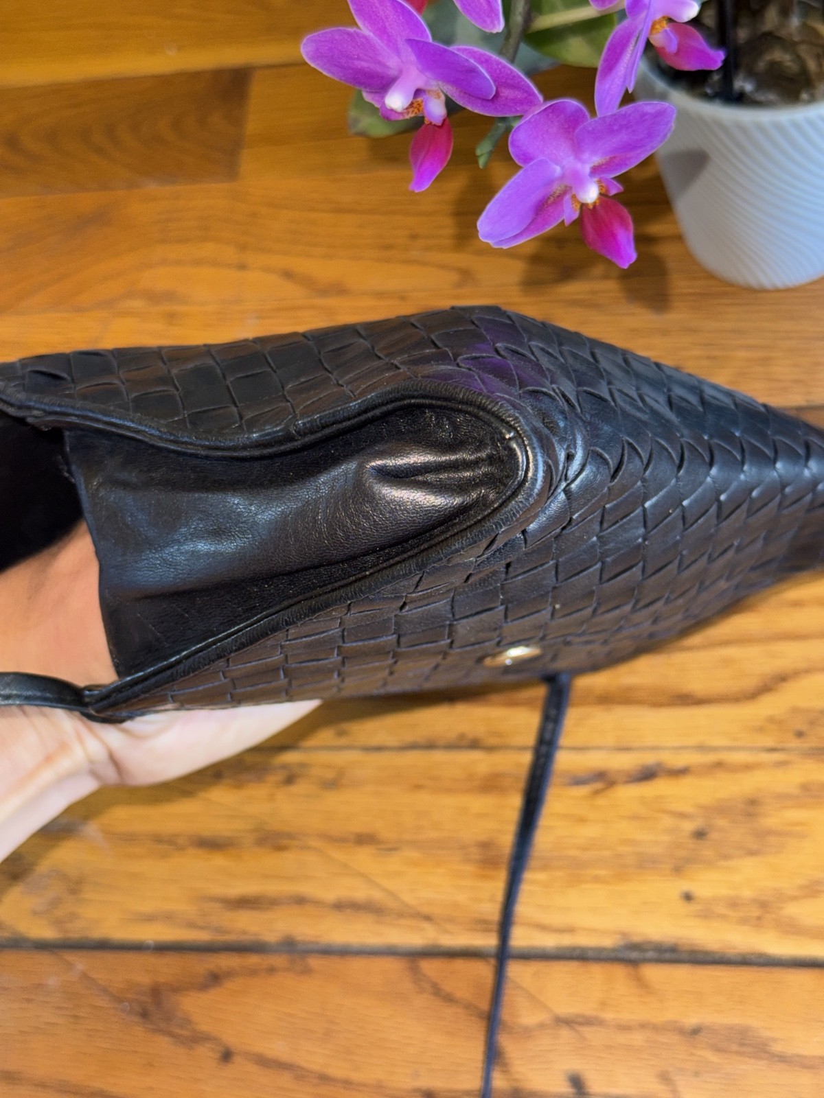 Vintage Bottega Veneta Intrecciato Black Leather Crossbody Bag Italy