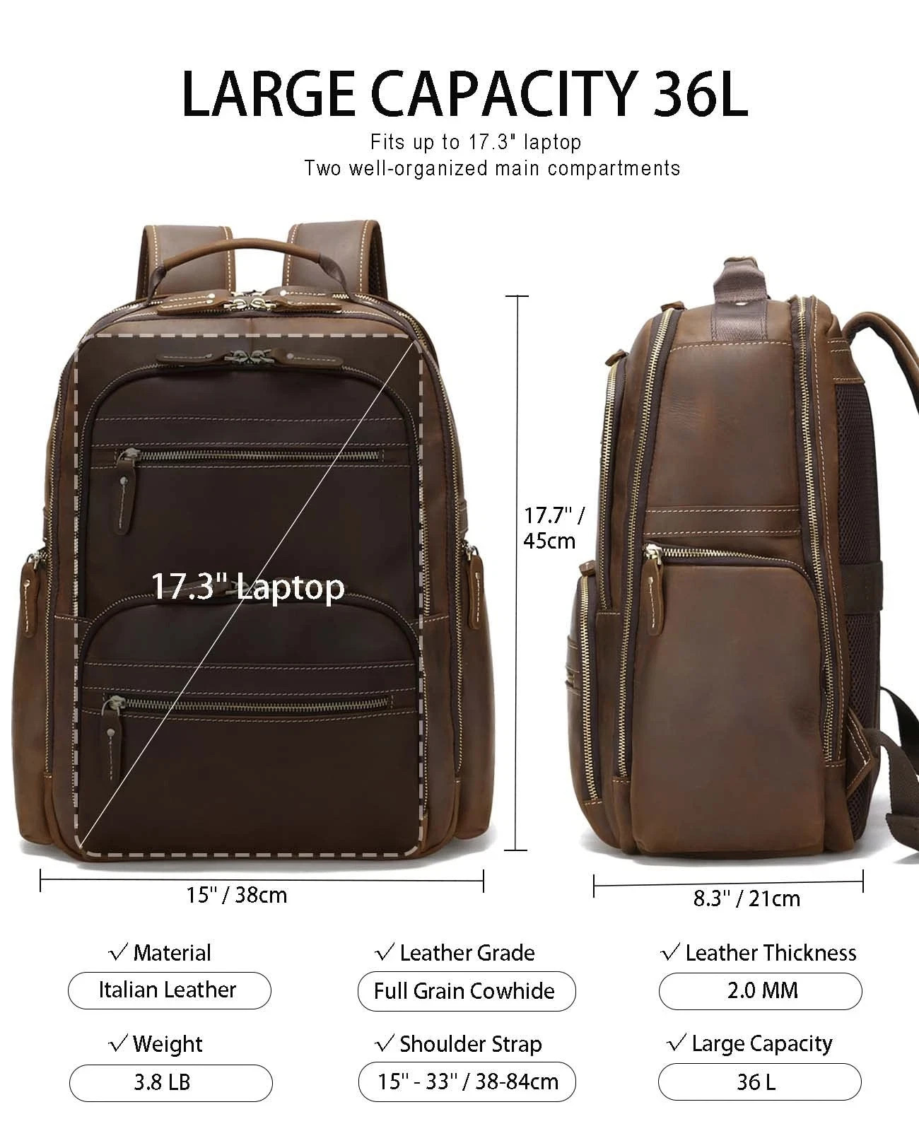 Genuine Leather Backpack For Men Vintage 17.3 inch Laptop Bag Large Capacity …