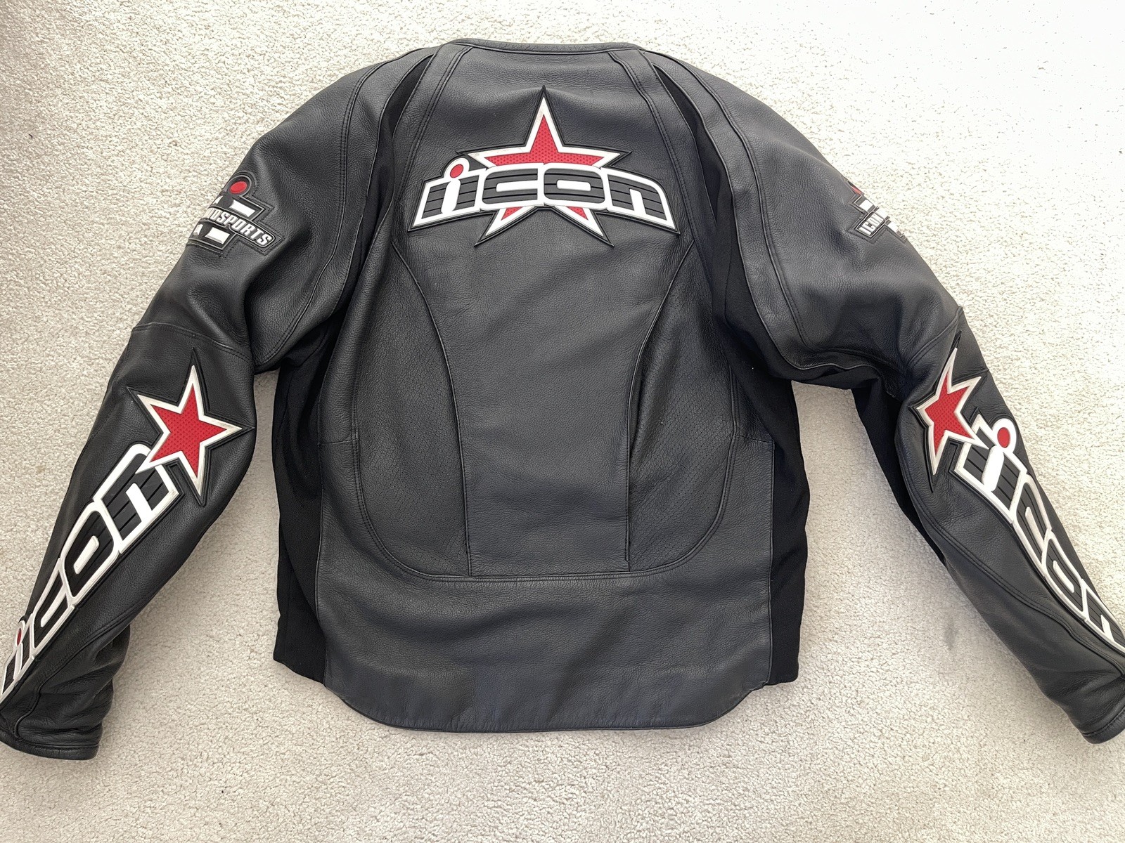 Icon Racing Logo Embroidered Black Leather Merc Hero Moto Jacket Mens Medium M
