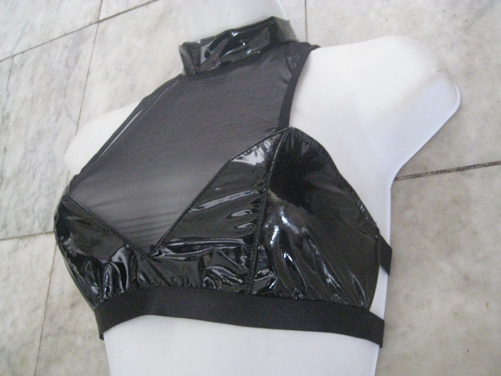 New 2 pc Black PVC / Mesh bra & G string size S sexy FREE S&H RARE