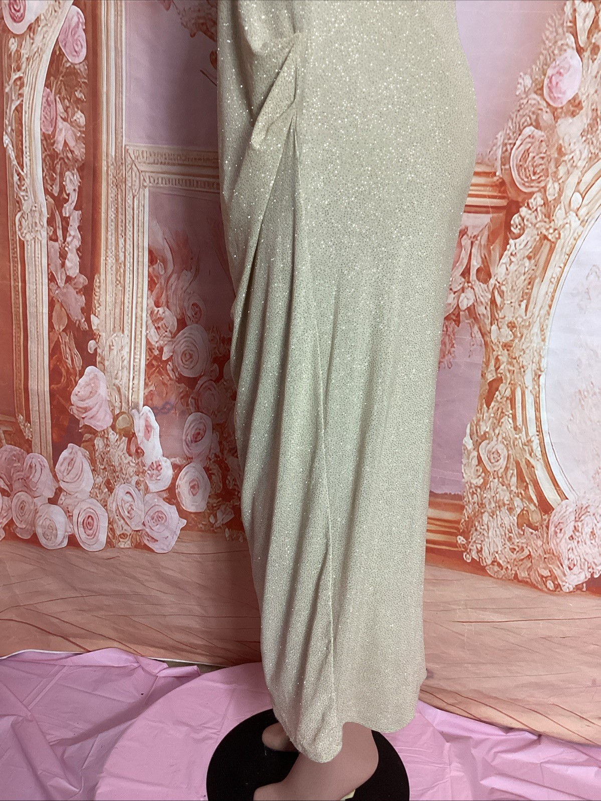 Candalite Champagne Sparkly Metallic Off Shoulder Cruise Prom Formal Gown L
