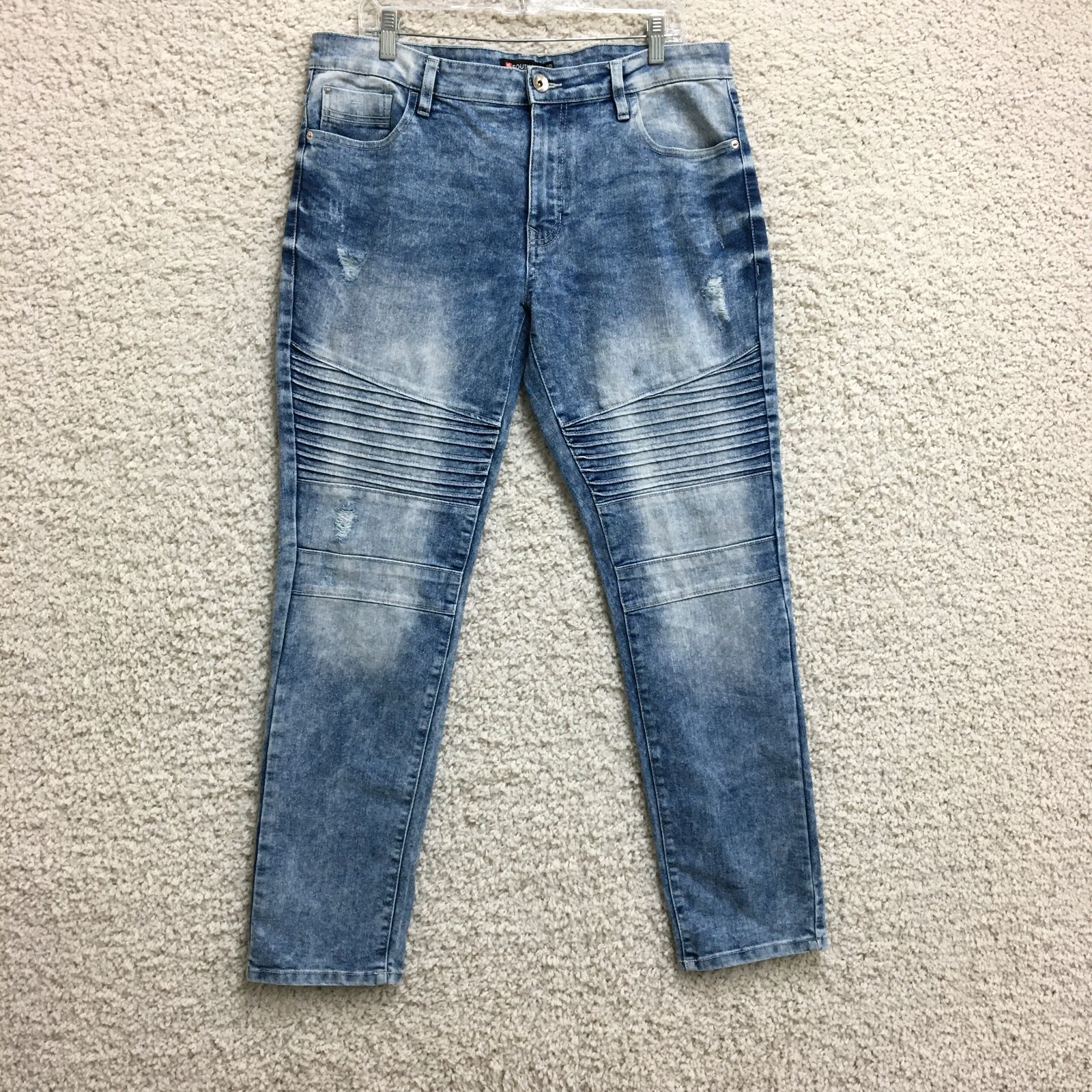 Southpole Jeans 36×32 Mens Blue Skinny Acid Wash Moto Stretch Denim Distressed