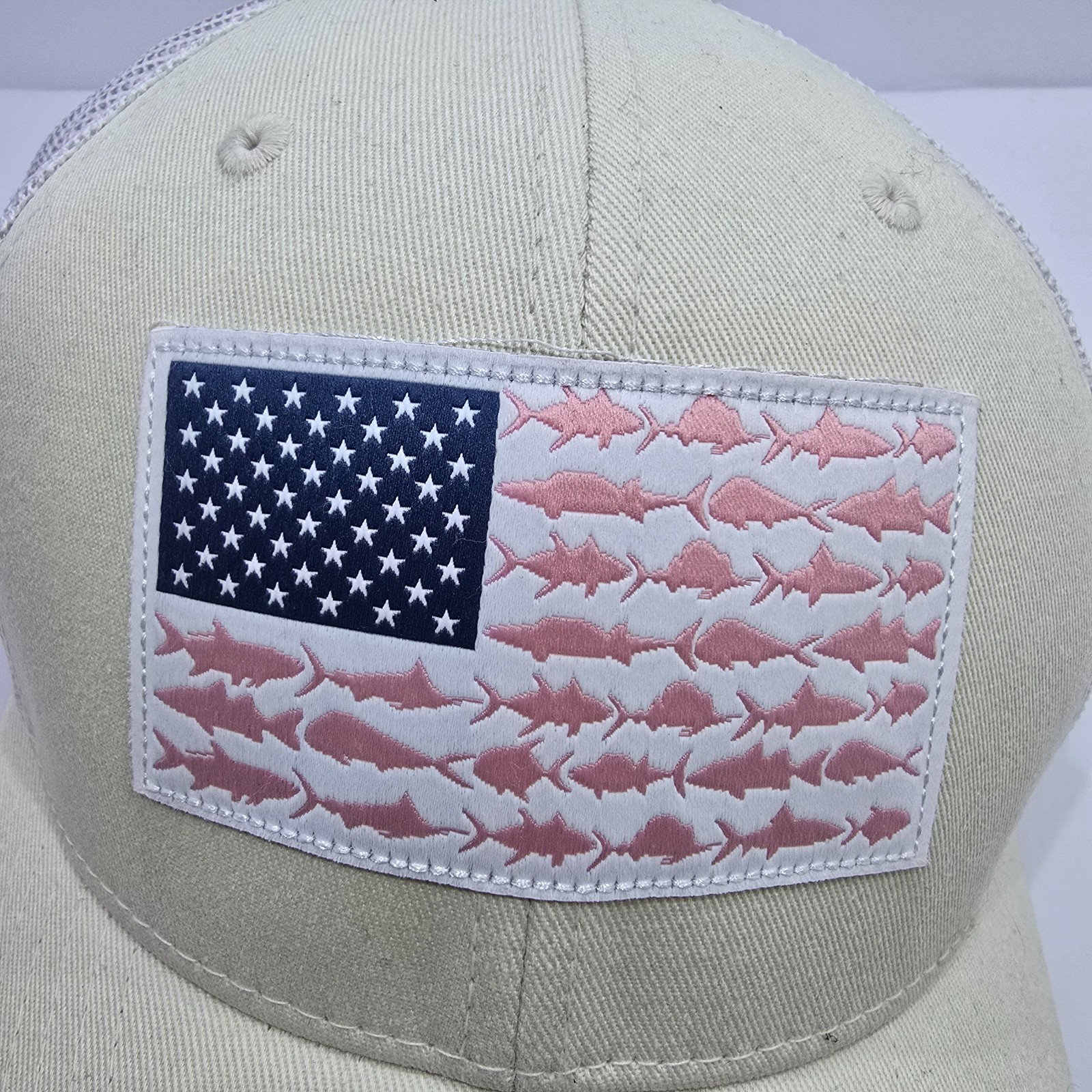 Columbia PFG Hat Cap Trucker American Flag Fishing Fish Cream Beige Snap Back