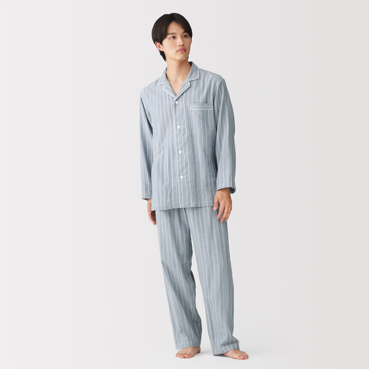 MUJI Mens 100% Organic Cotton Double Gauze Pajamas Smoky Blue Stripe FedEx