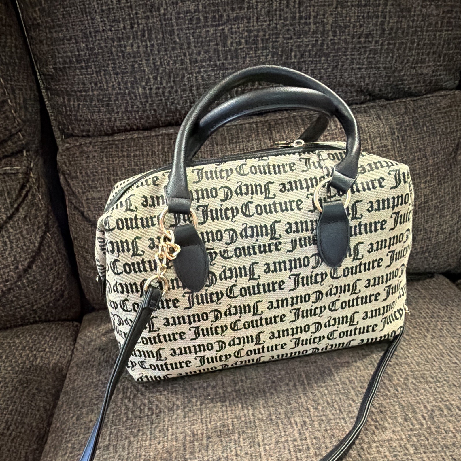 Juicy Couture Beige/Black Logo Satchel Top Handle Zip Bag w/ Detachable Strap