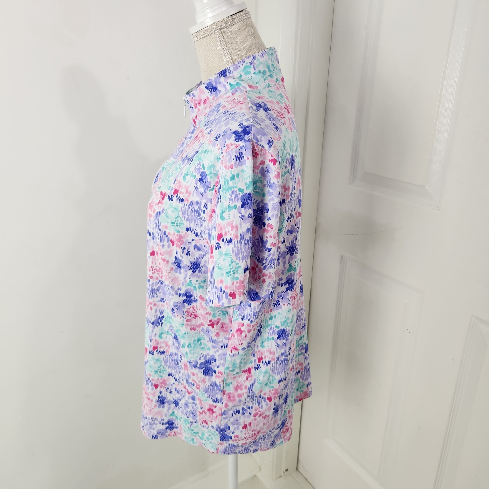Ibkul Top Womens XL Blue Watercolor Floral 1/4 Zip Golf Tennis Sporty Vacation
