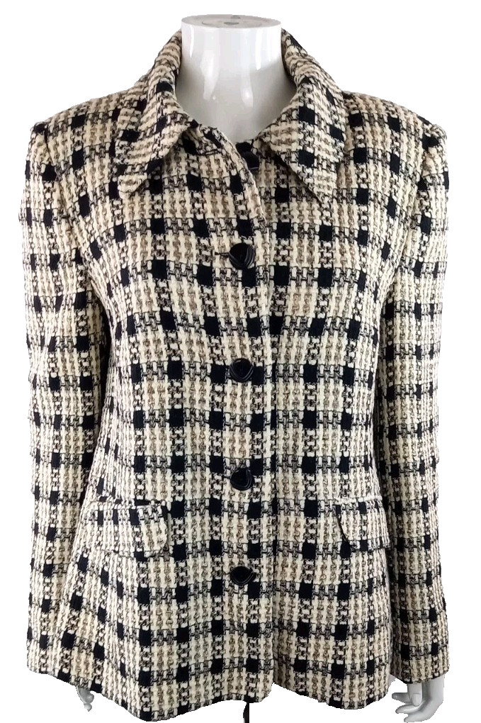 Filey London Black Cream Acrylic Wool Mix Blazer Jacket Size 18 (small) NEW