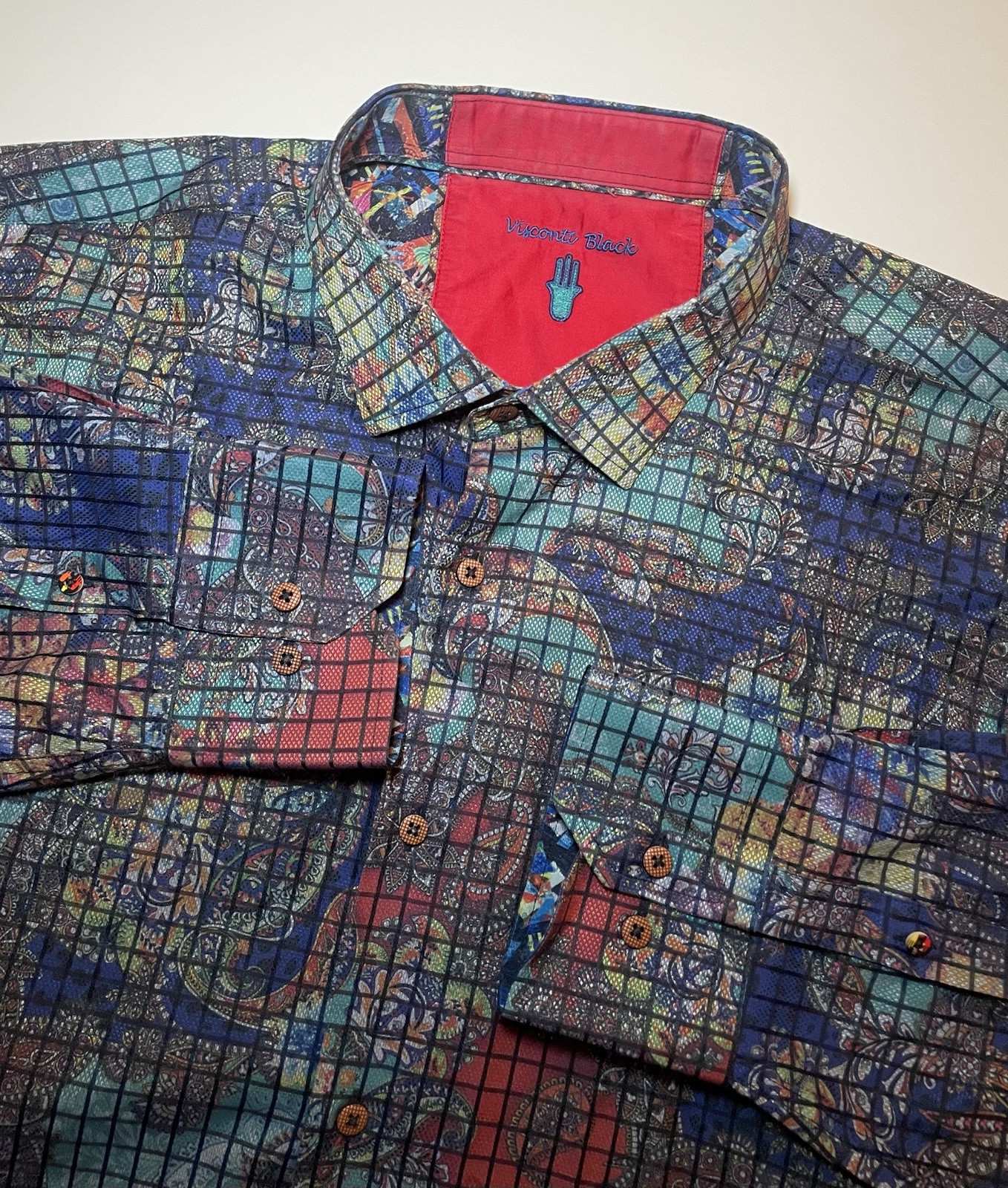 Visconti Black 3XLB Long Sleeve Button Up Shirt Abstract Paisley Grid Colorful
