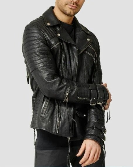 Men’s Black Biker Belted Leather Jacket Motorcycle Multi Pockets Riding Apparel