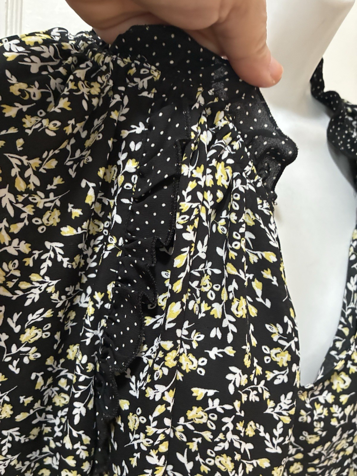 DALIA Patchwork Floral Polka Dot Ruffle Black Yellow Peasant Blouse Boho Top L