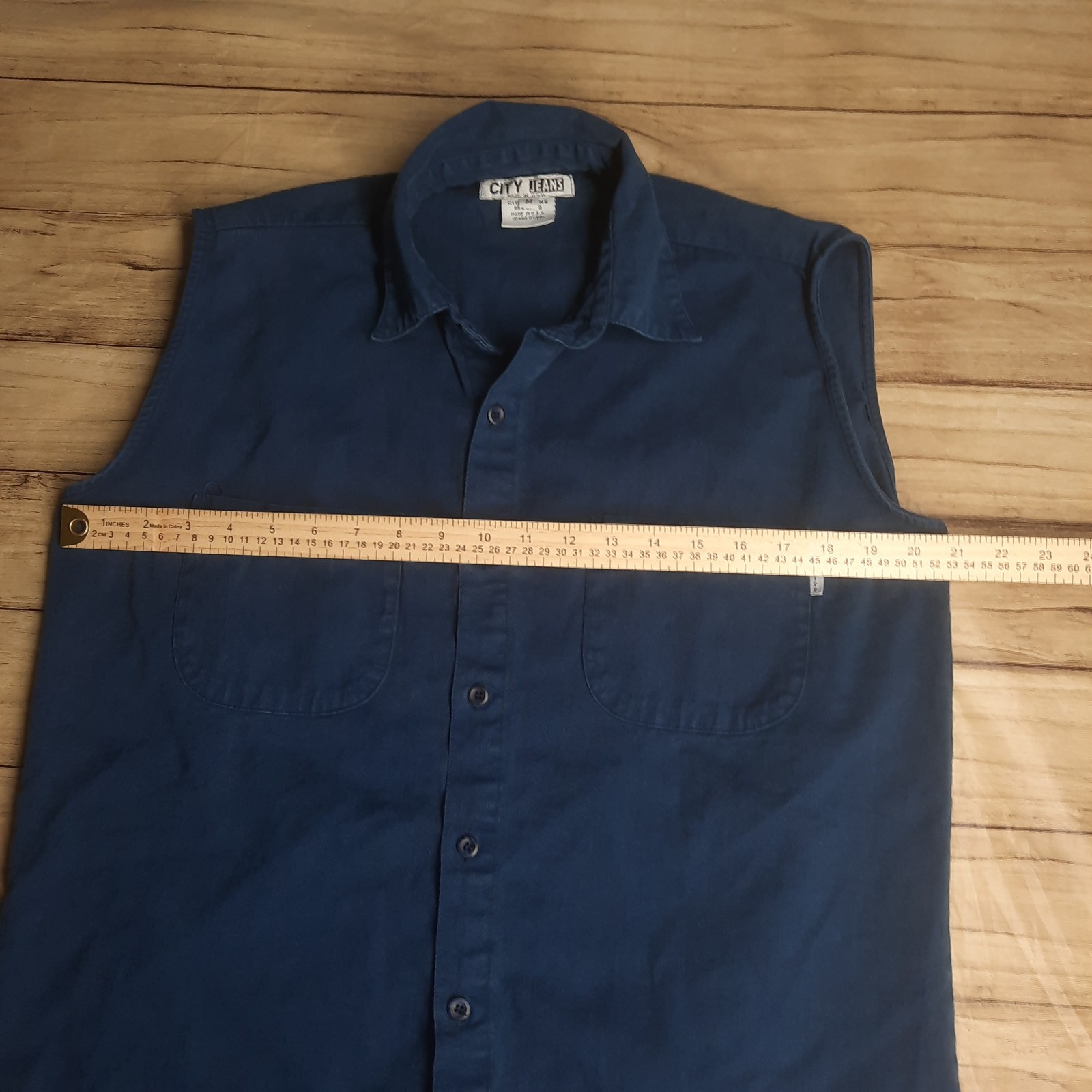 City Jeans Men’s Blue Biker Style Shirt Sleeveless USA Vtg Style Medium READ