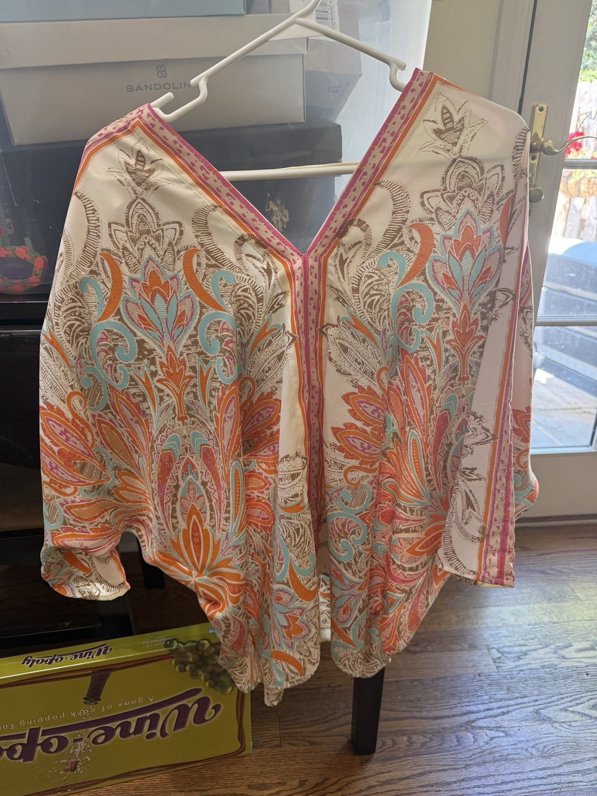 Bohemian Summer Flowy Top With 3/4 Sleeves, Coral Blue And Tan Colors